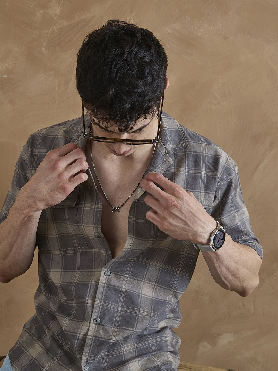 DENNISON Men Comfort Relaxed Fit Checked Dual Flap Pocket Cotton Shirt