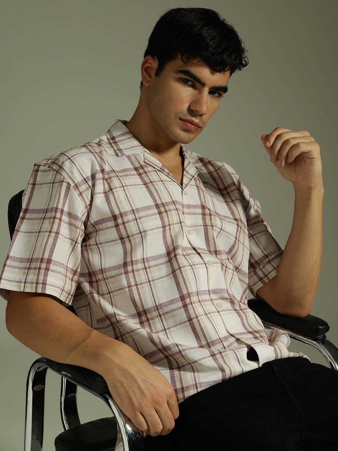 DENNISON Men Beige and Maroon Tartan Checks Shirt