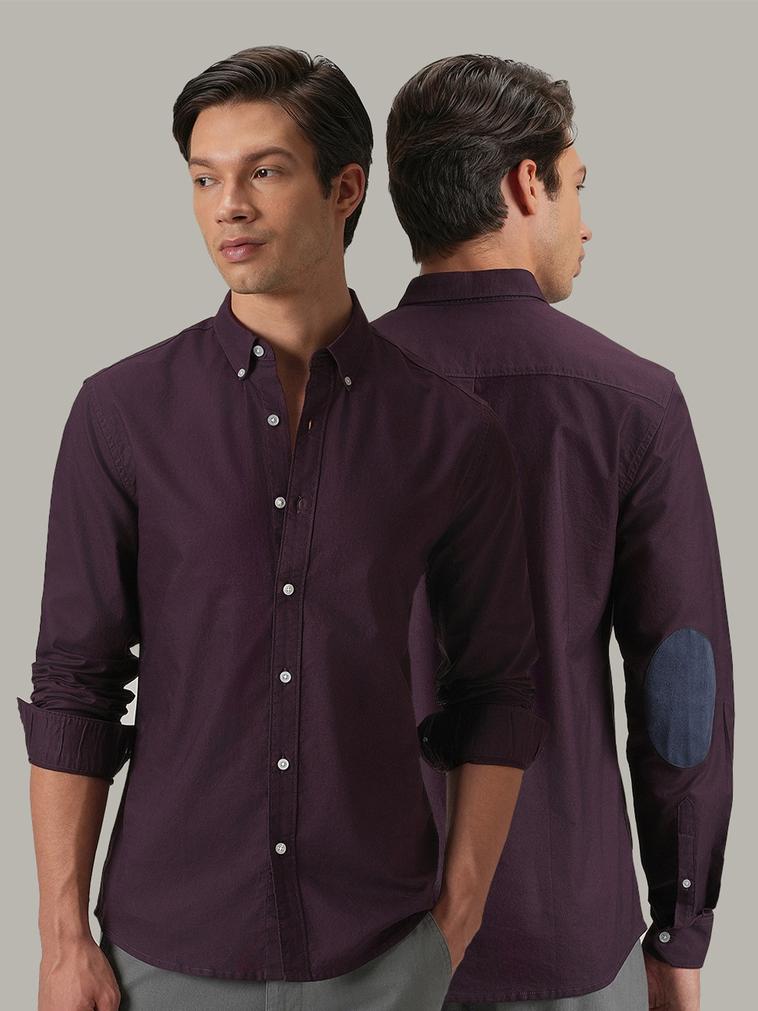 Banana Club Men Violet Plain Elbow Patch Oxford Shirt