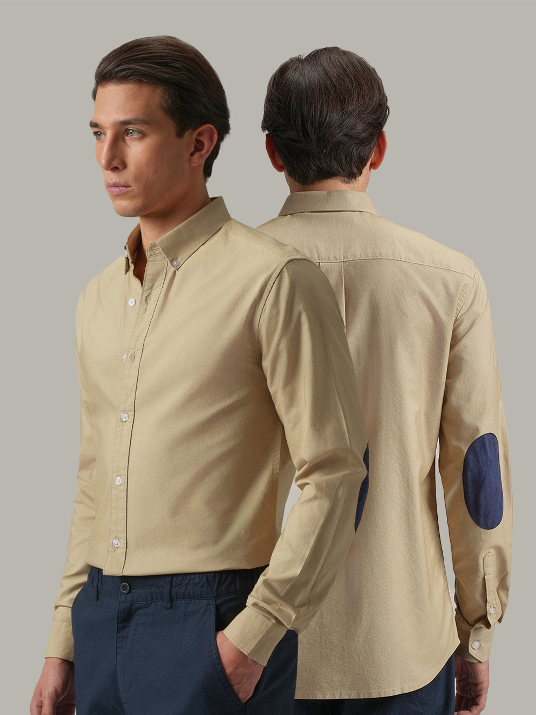 Banana Club Men Tan Plain Elbow Patch Oxford Shirt
