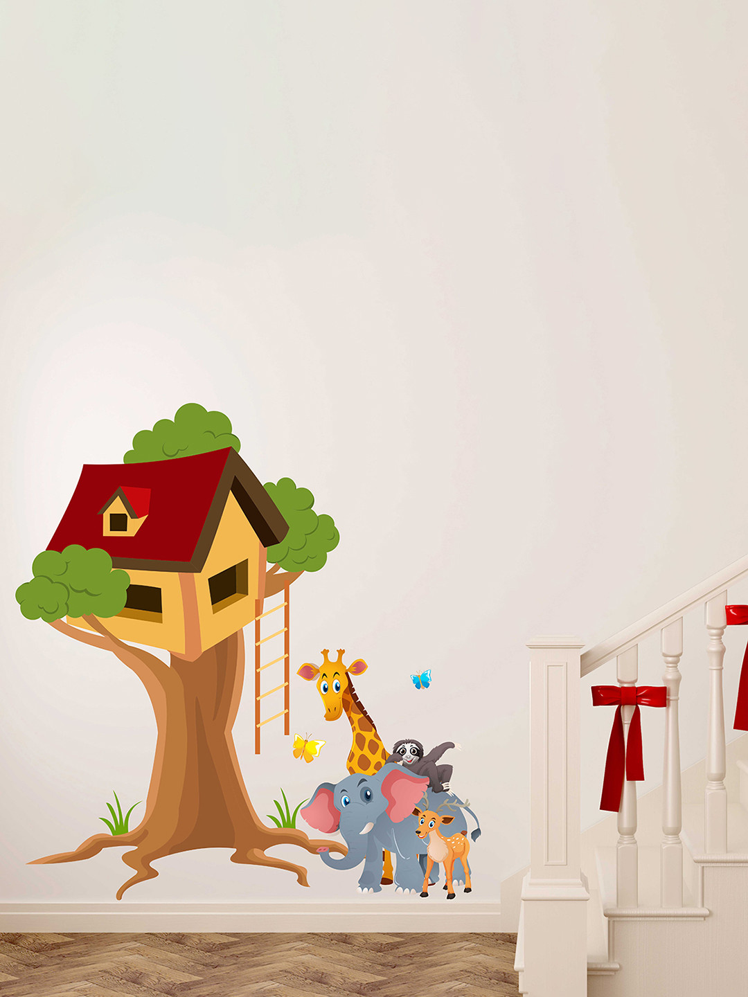 LANSTICK Red & Green Tree With Animal House Self Adhesive Wall Sticker