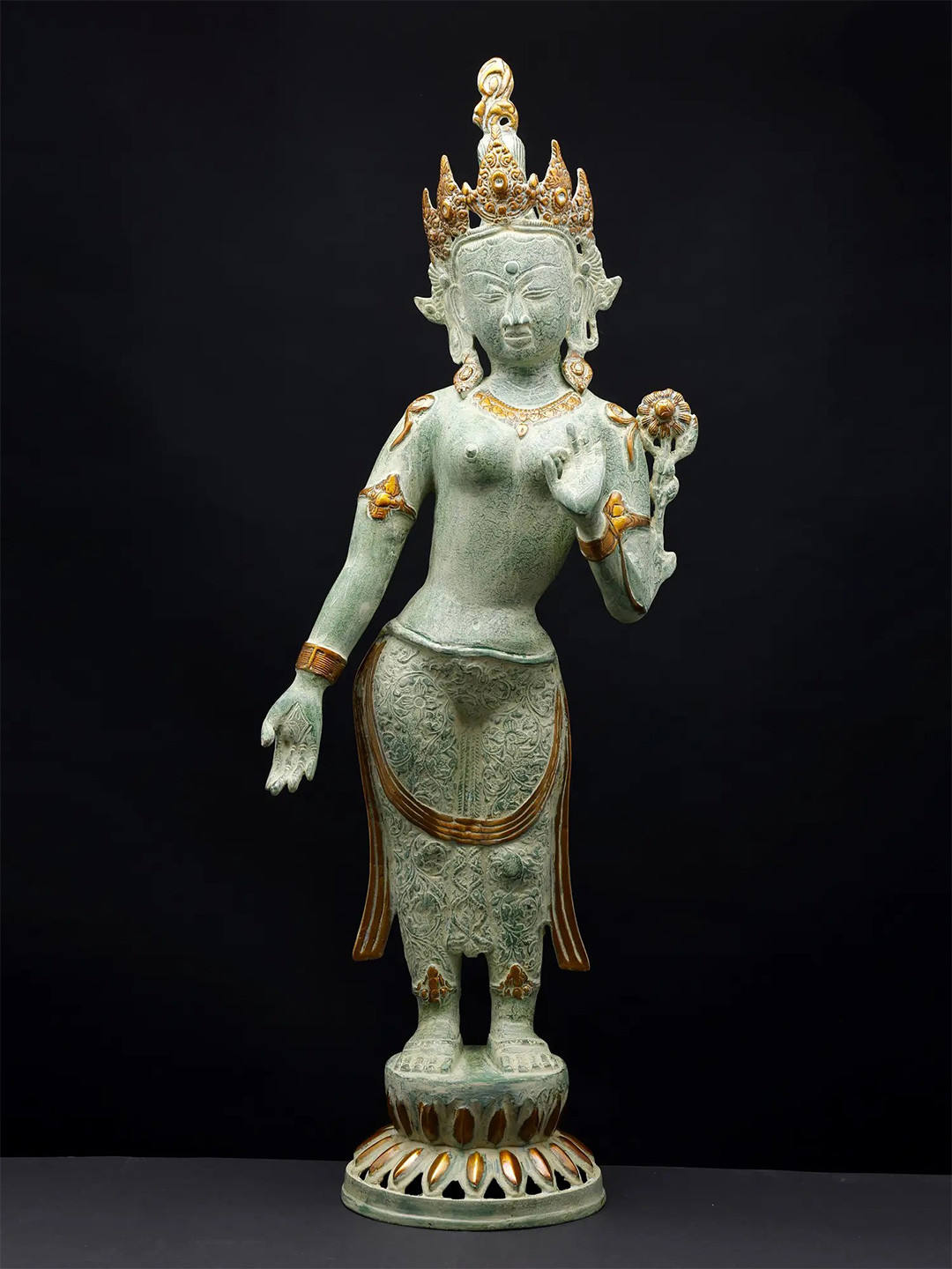 Exotic India White & Gold-Toned Standing Devi Tara Buddha Idol Showpiece