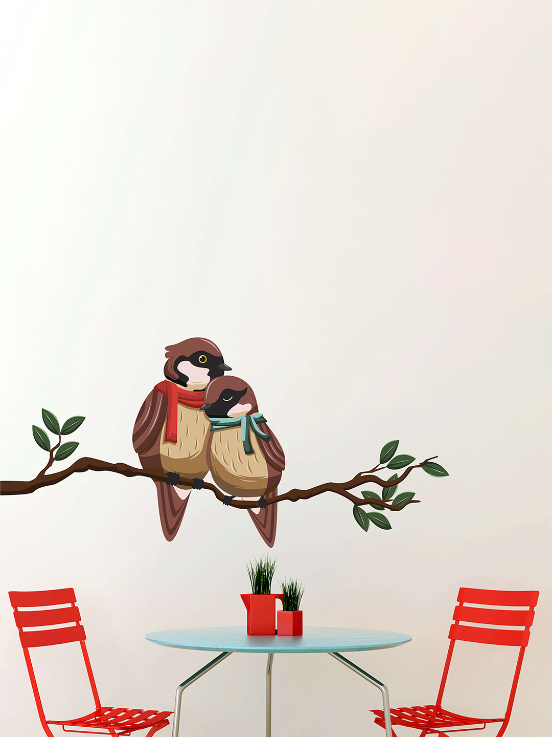 LANSTICK Brown & Green Cute Love Birds Self Adhesive Wall Sticker