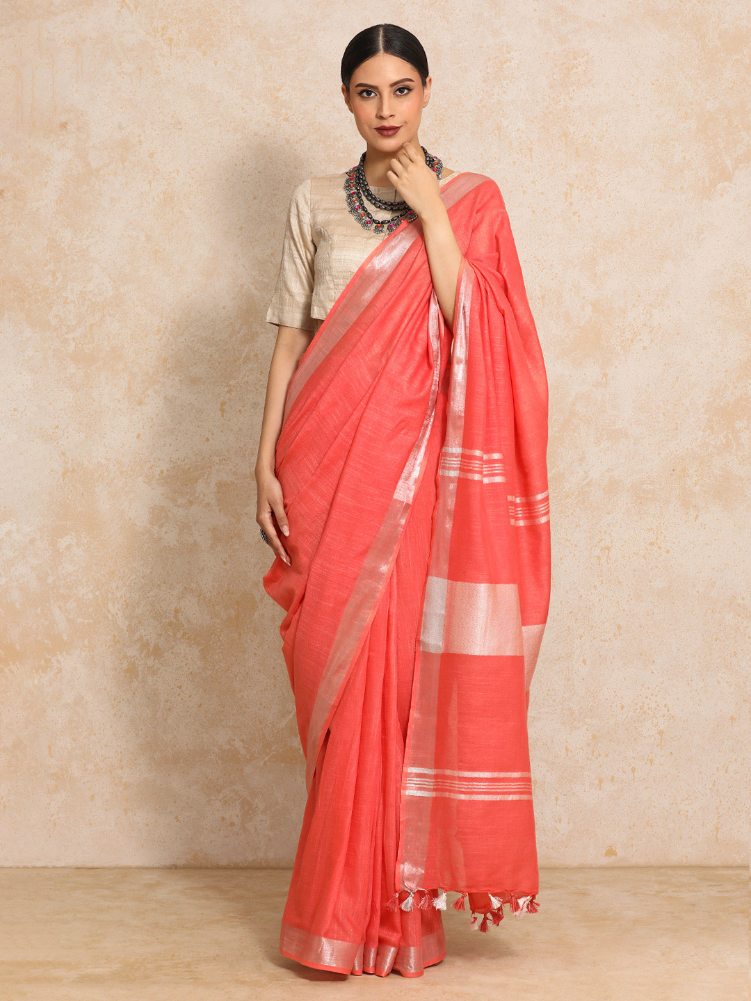 Moara Ready To Wear Cotton Linen Solid  Saree with Unstiched Blouse