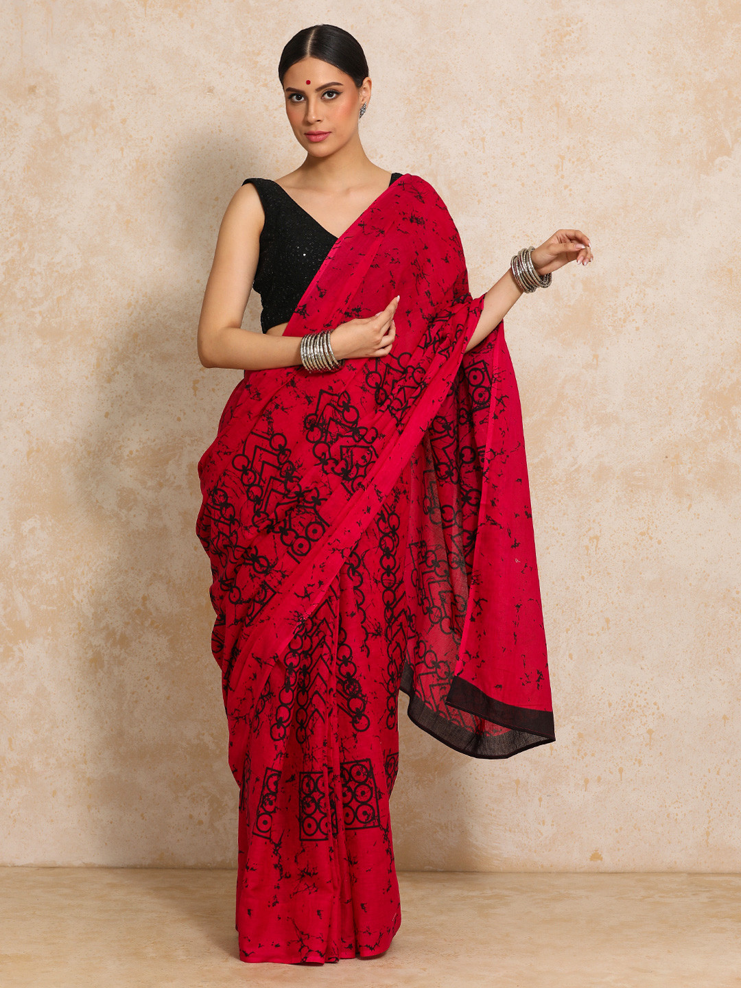 Moara Ready To Wear Pure Cotton Floral Bagru Saree with Unstiched Blouse