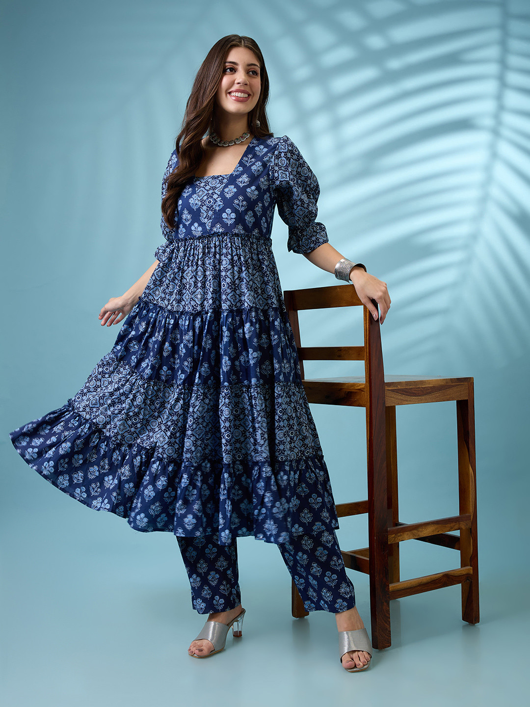 Globus Square Neck Puff Sleeves Ethnic Print Tiered A-Line Kurta With Straight Pants Set