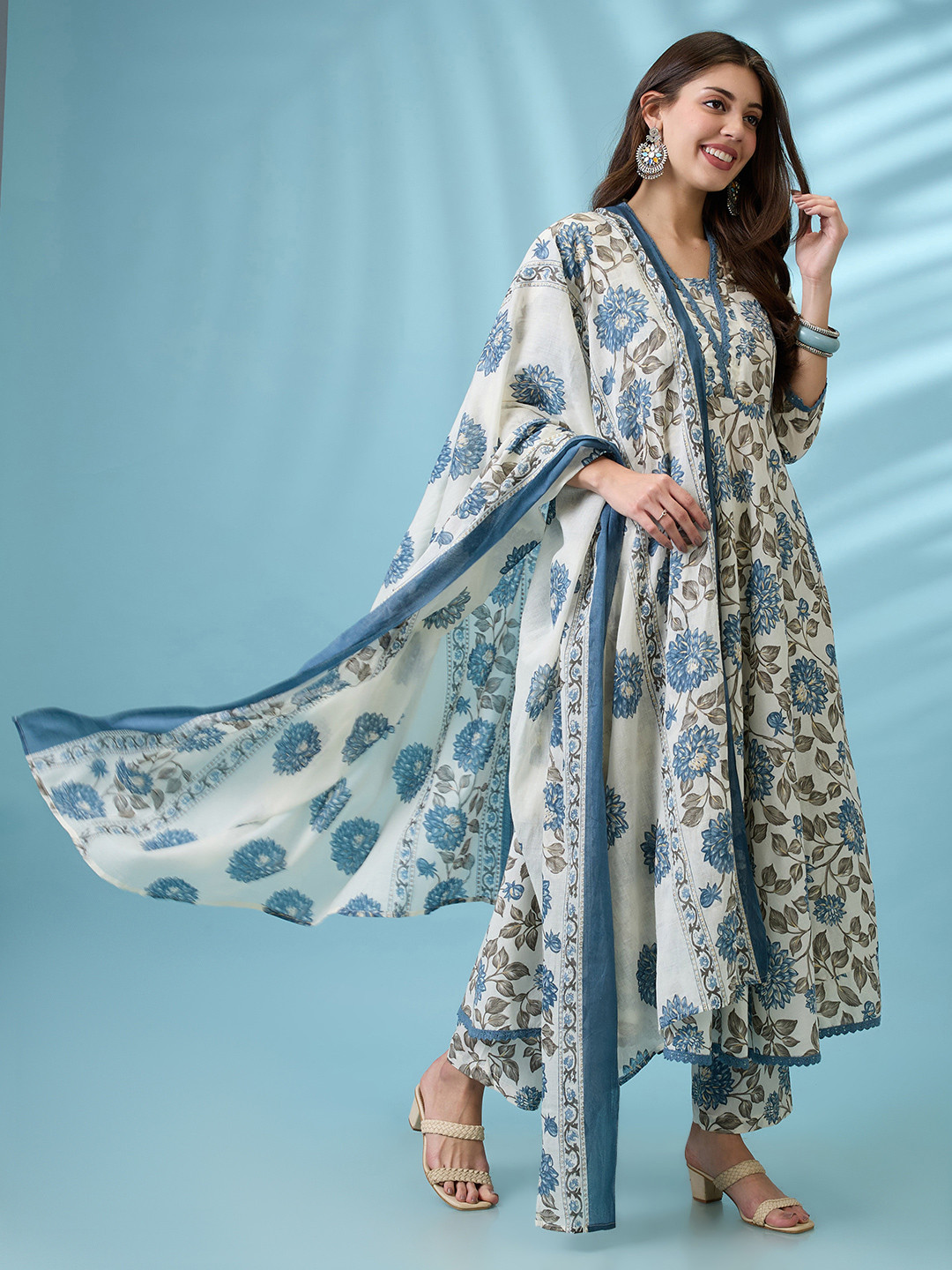 Globus Allover Floral Printed V-Neck Lace Insert Anarkali Kurta With Pant & Dupatta Set