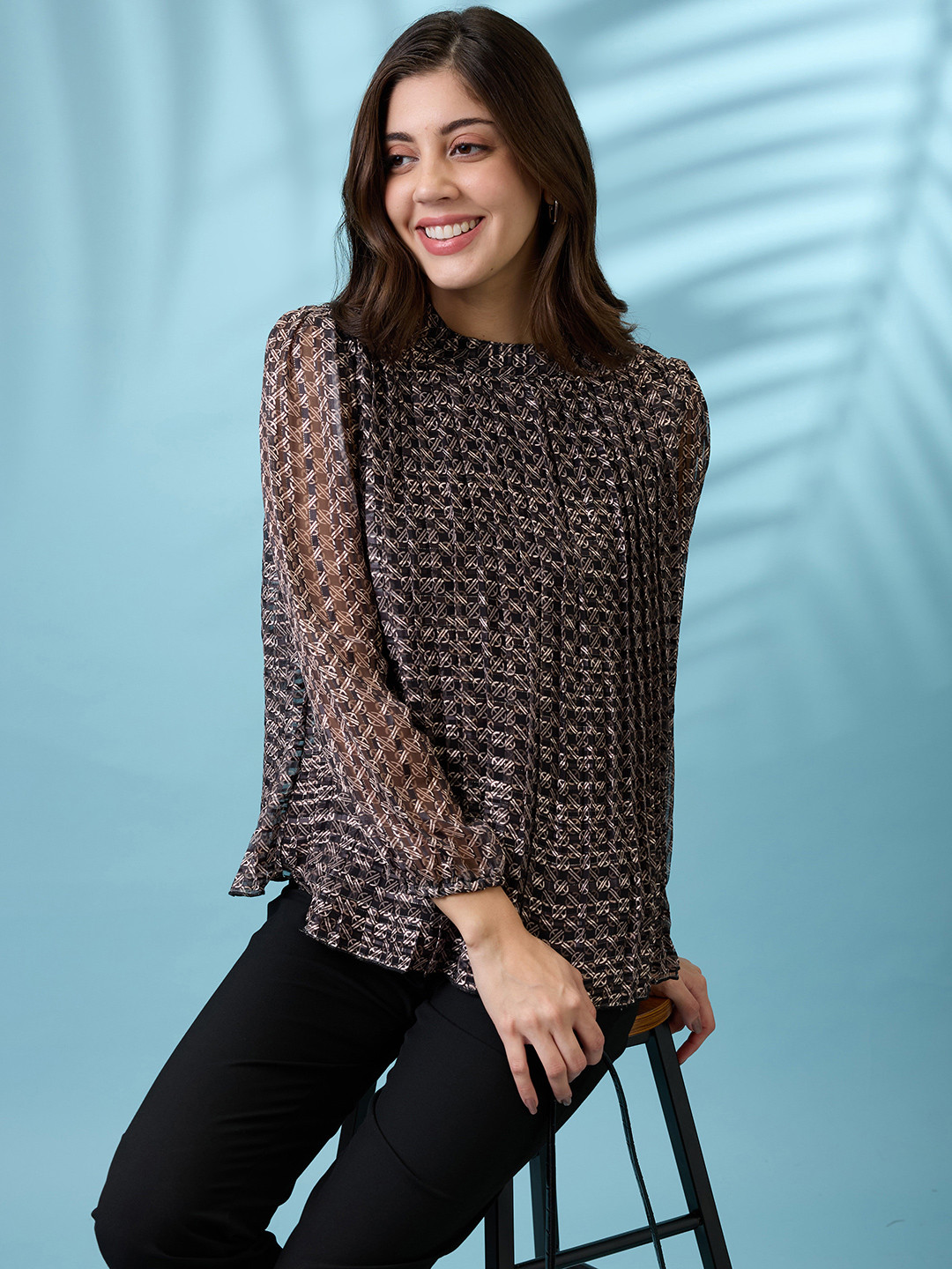 Globus Black High Neck Bishop Sleeves Abstract Print Pleated Tie-Back Detail Top