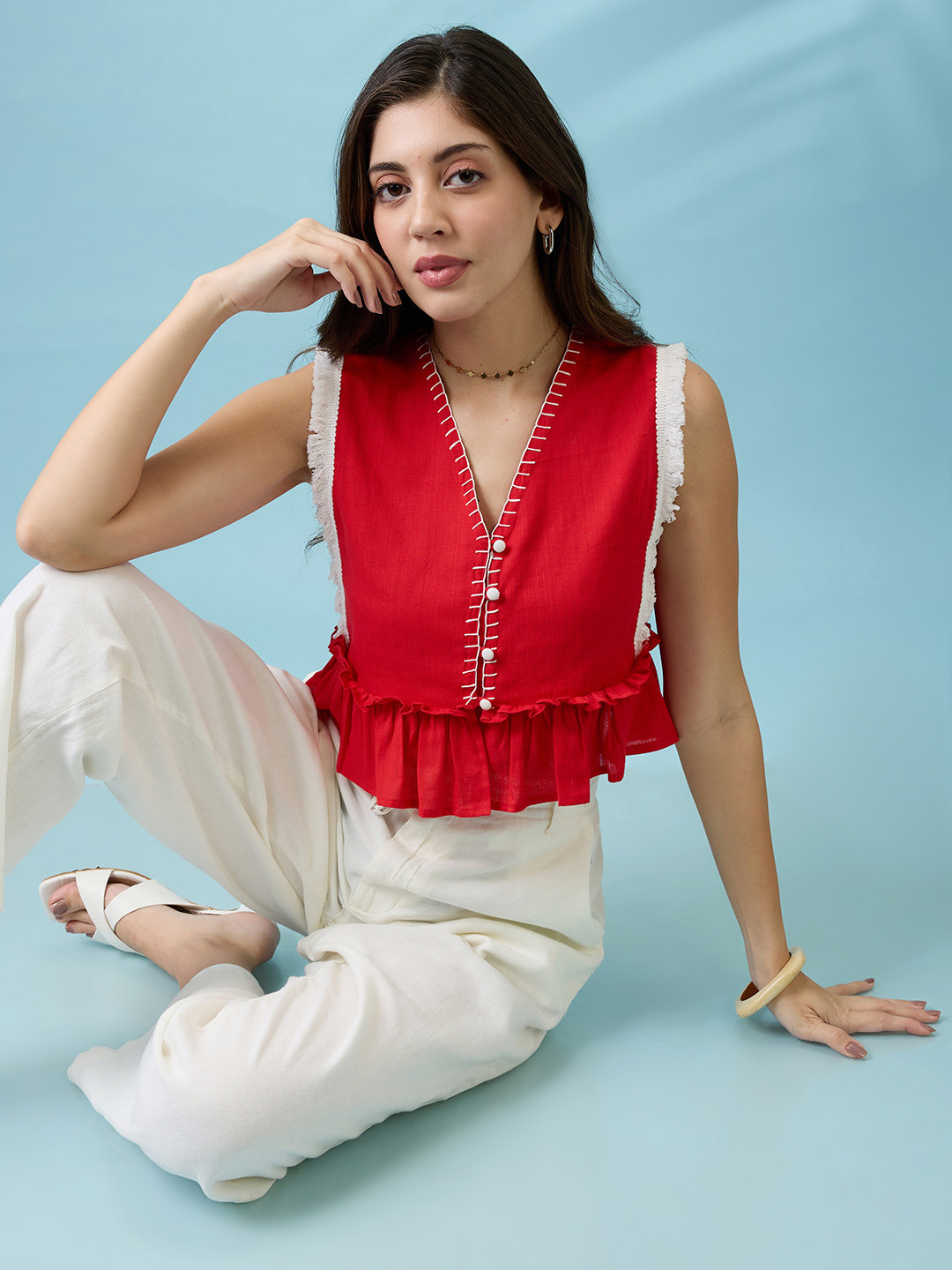 Globus V-Neck Thread Work Detail & Lace Inserts Pleated Crop Top