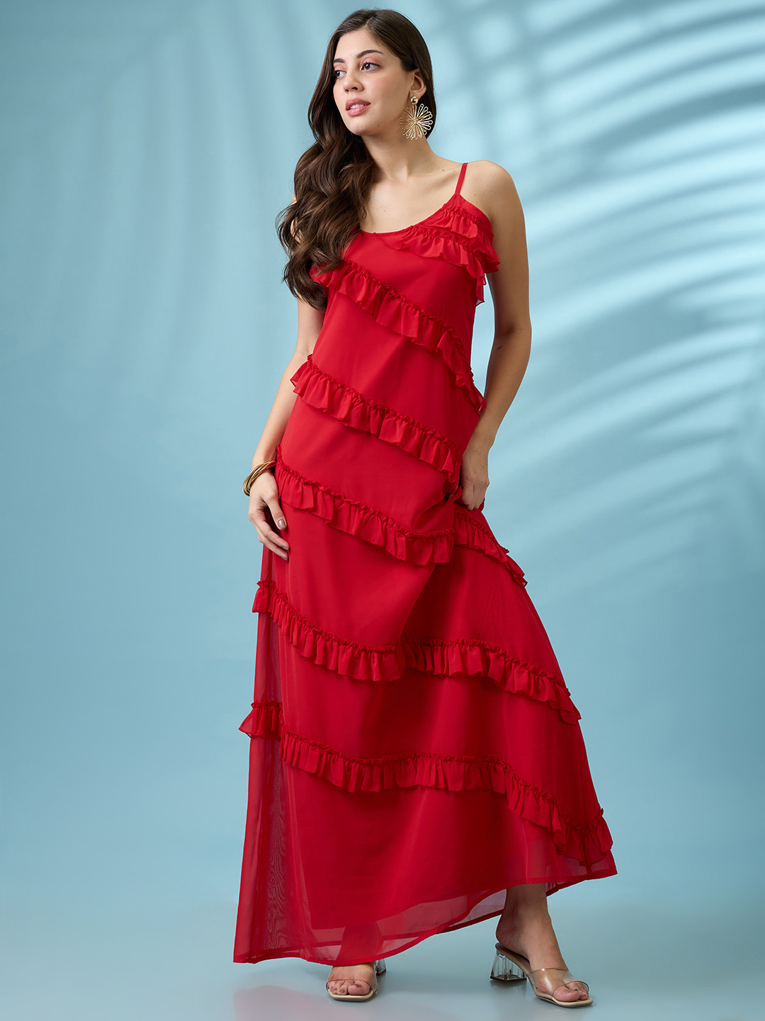 Globus Scoop Neck Strappy Sleeves Ruffle Detail Georgette A-Line Maxi Party Dress
