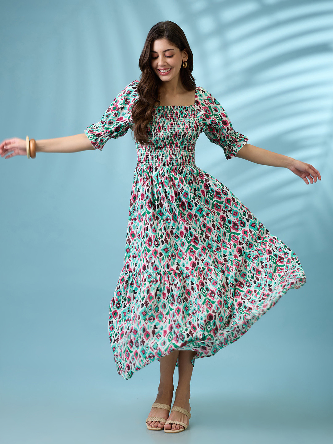 Globus Ikat Print Square Neck Puff Sleeves Smocked Tiered Fit & Flare Maxi Dress