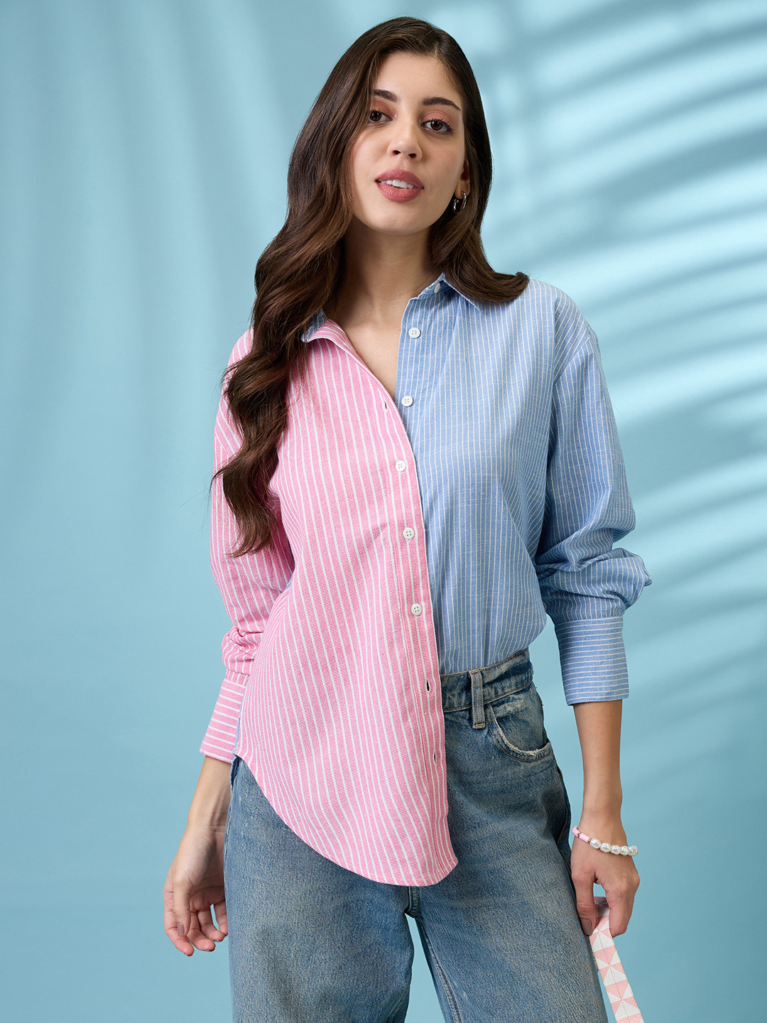 Globus Colorblock Striped Collared Neck Cuffed Sleeves Curved Hem Shirt