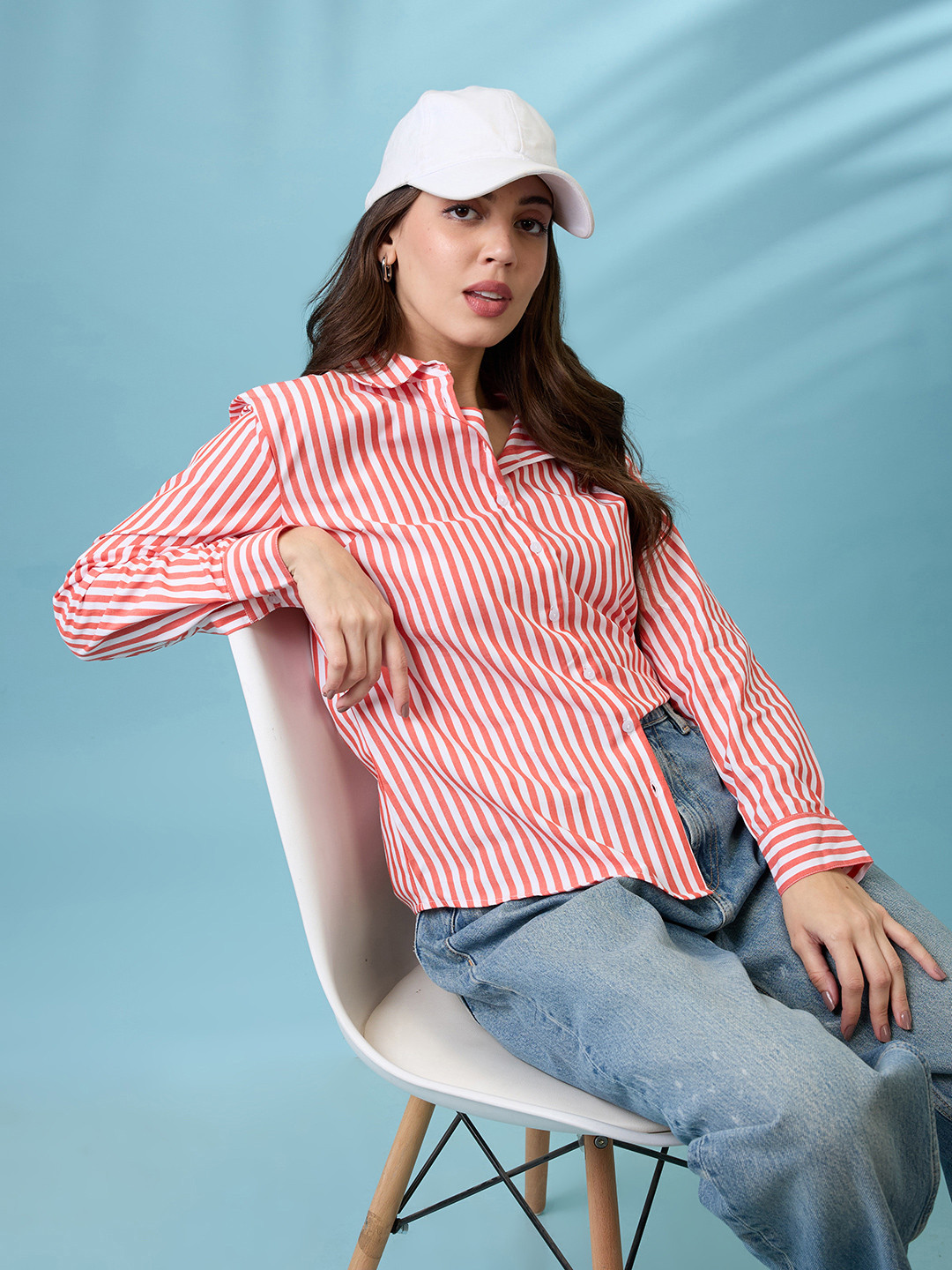 Globus Striped Collared Neck Cuffed Sleeves Curved Hem Shirt
