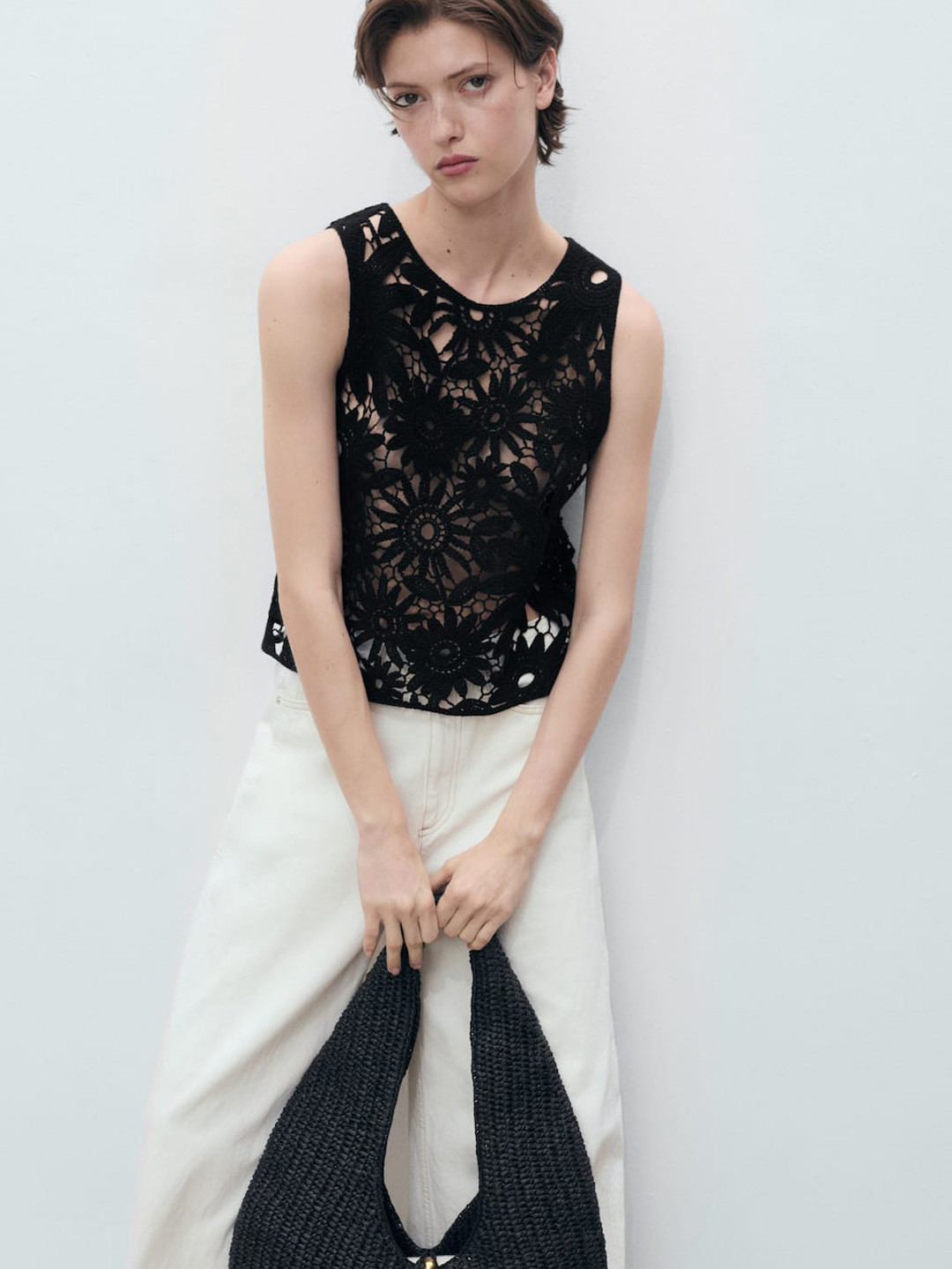MANGO Floral Self-Design Sheer Crochet Top