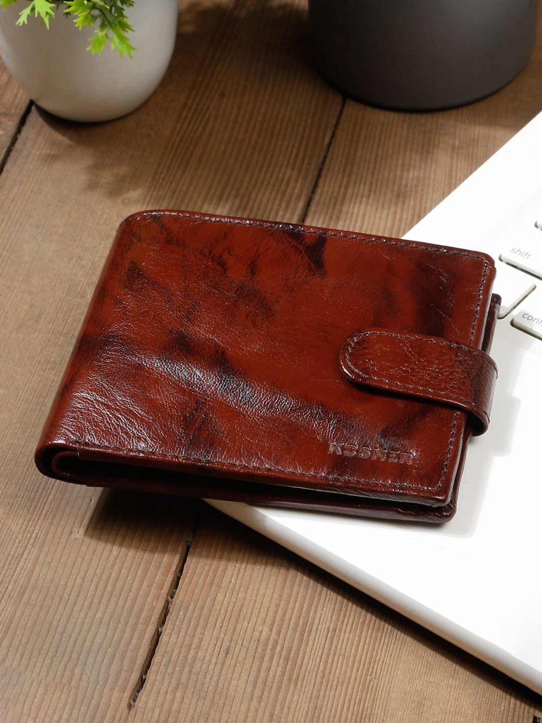 Kosher Men Textured Leather Button Two Fold Wallet