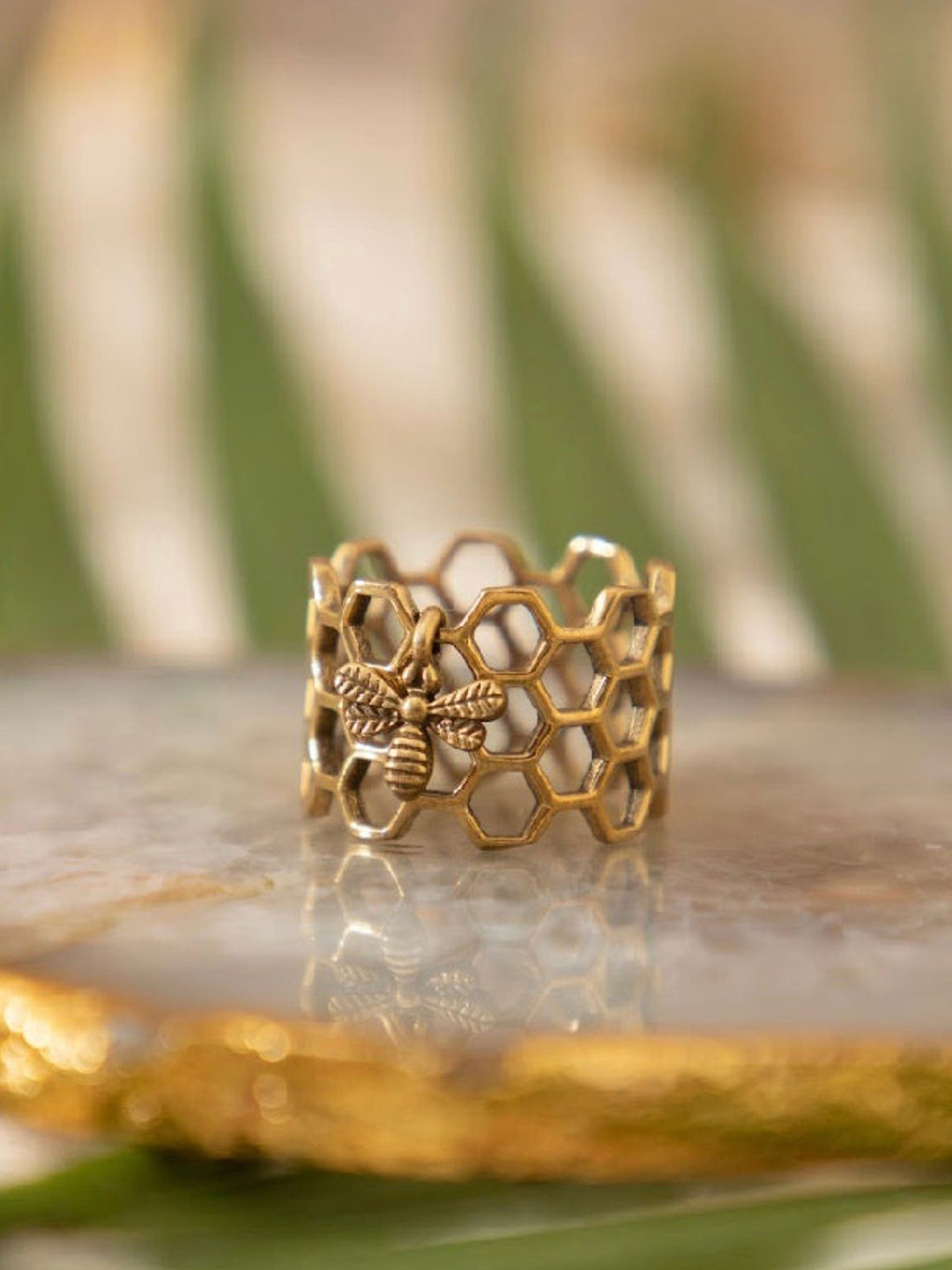 Soul Works Honey Comb Brass Adjustable Ring with free Brasso polishing Liquid