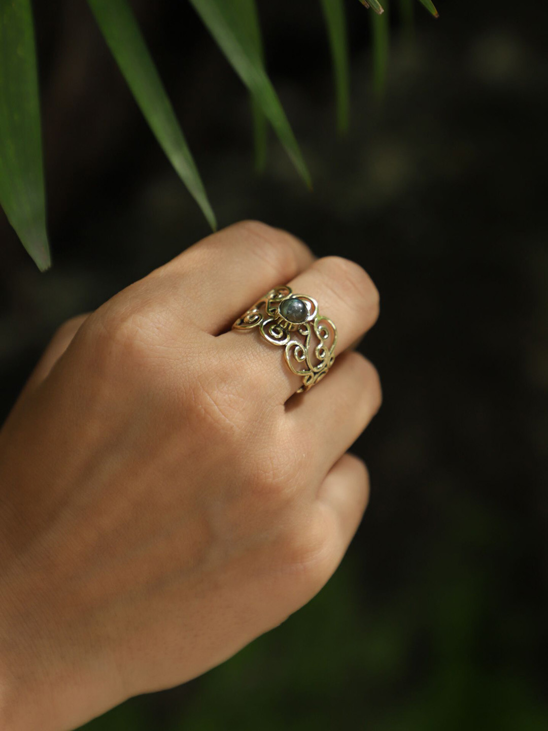 Soul Works Labradorite Curl Brass Adjustable Ring with free Brasso polishing Liquid