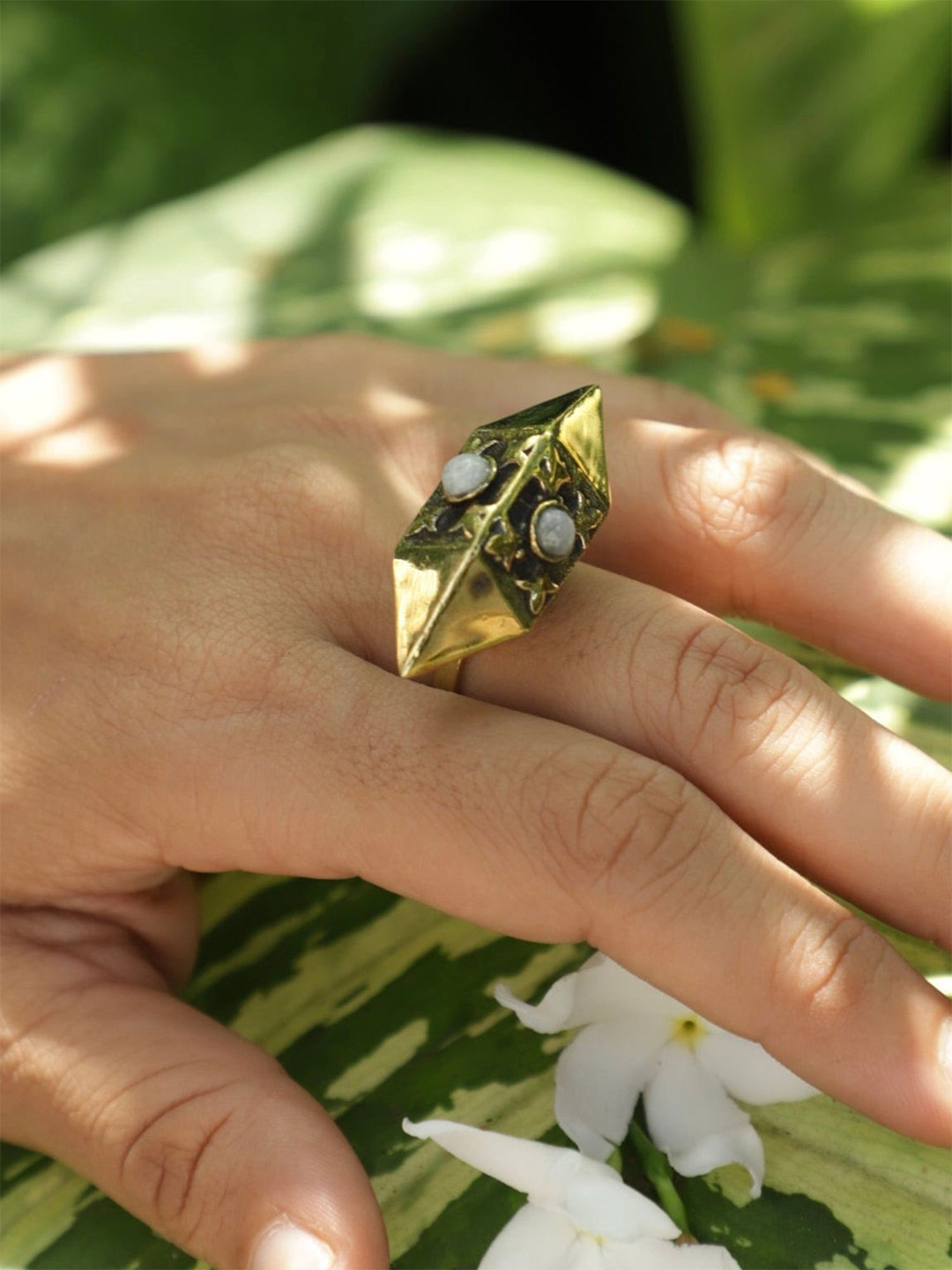 Soul Works Antique Moonstone Brass Adjustable Ring with free Brasso polishing Liquid