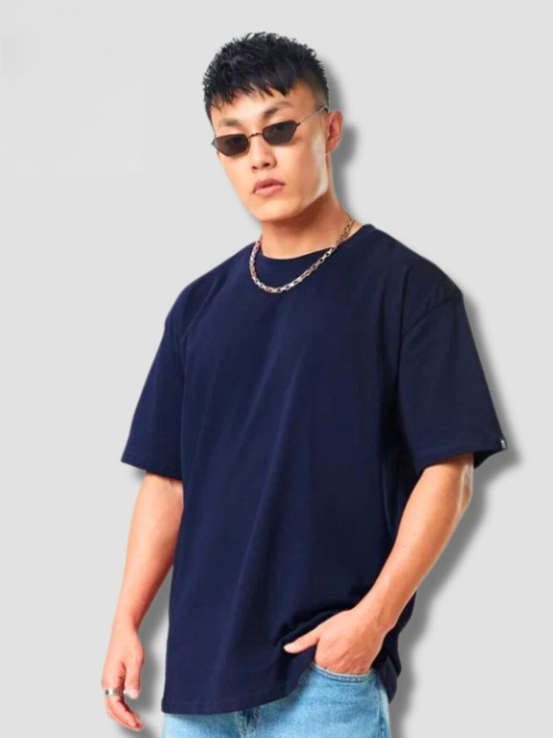 URBANICE Navy Blue Oversized Cotton T-shirt
