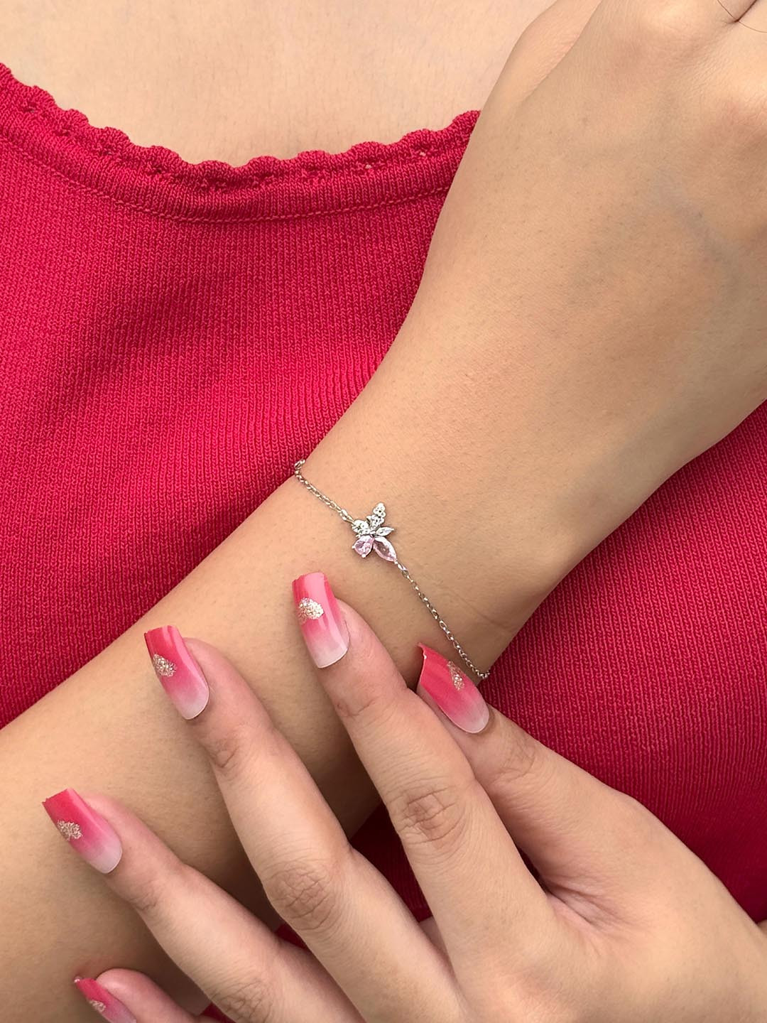 INARI SHINES 925 Silver Rhodium Plated Pink Butterfly Bracelet