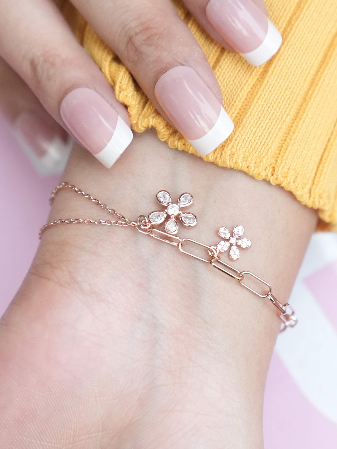 INARI SHINES 925 Silver Rosegold Plated Link Chain Flower Charms Bracelet
