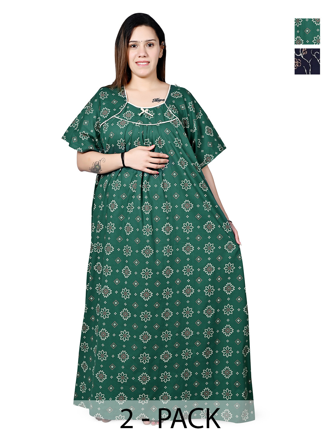 Bindass Female Collection Women Pack Of 2 Ethnic Motifs Pure Cotton Mani Nightdress