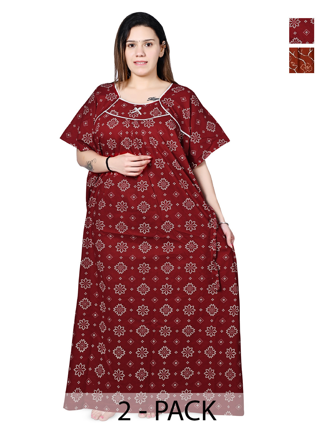 Bindass Female Collection Women Pack Of 2 Ethnic Motifs Pure Cotton Mani Nightdress