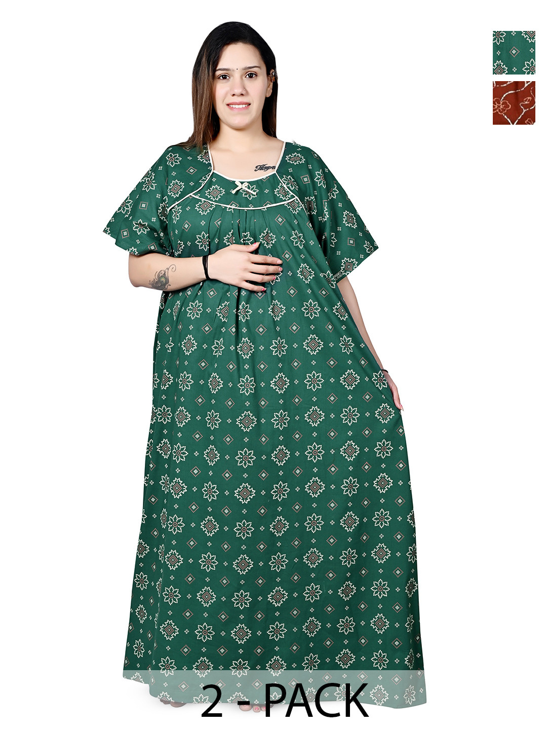 Bindass Female Collection Women Pack Of 2 Ethnic Motifs Pure Cotton Mani Nightdress