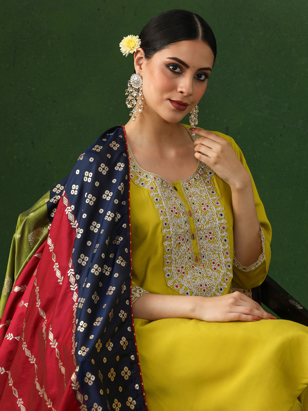 Jaipur Kurti Yoke Design Sequinned Chanderi Silk Kurta With Trousers & Dupatta