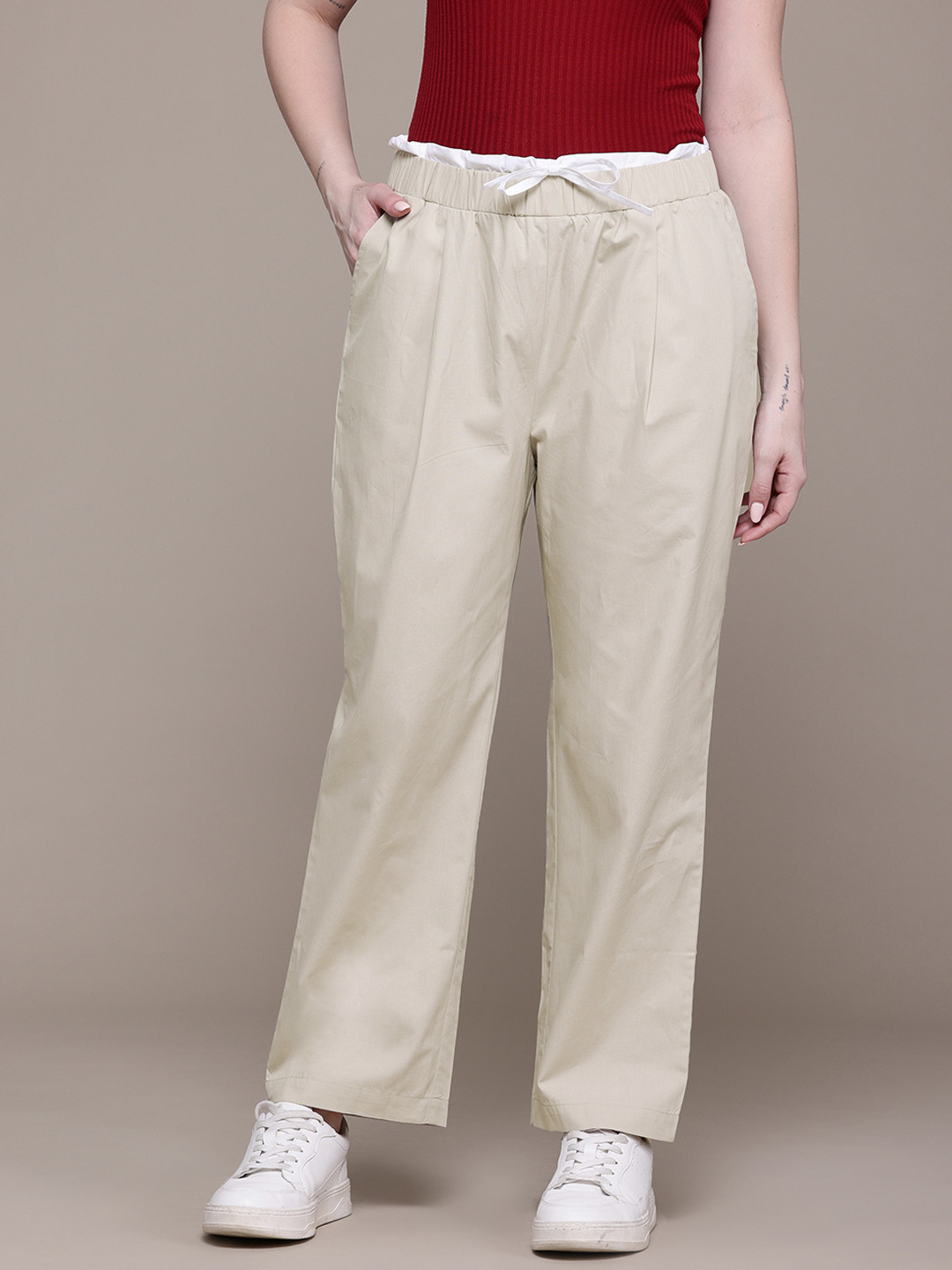 Popnetic Women Relaxed Fit High-Rise Double Waistband Trousers