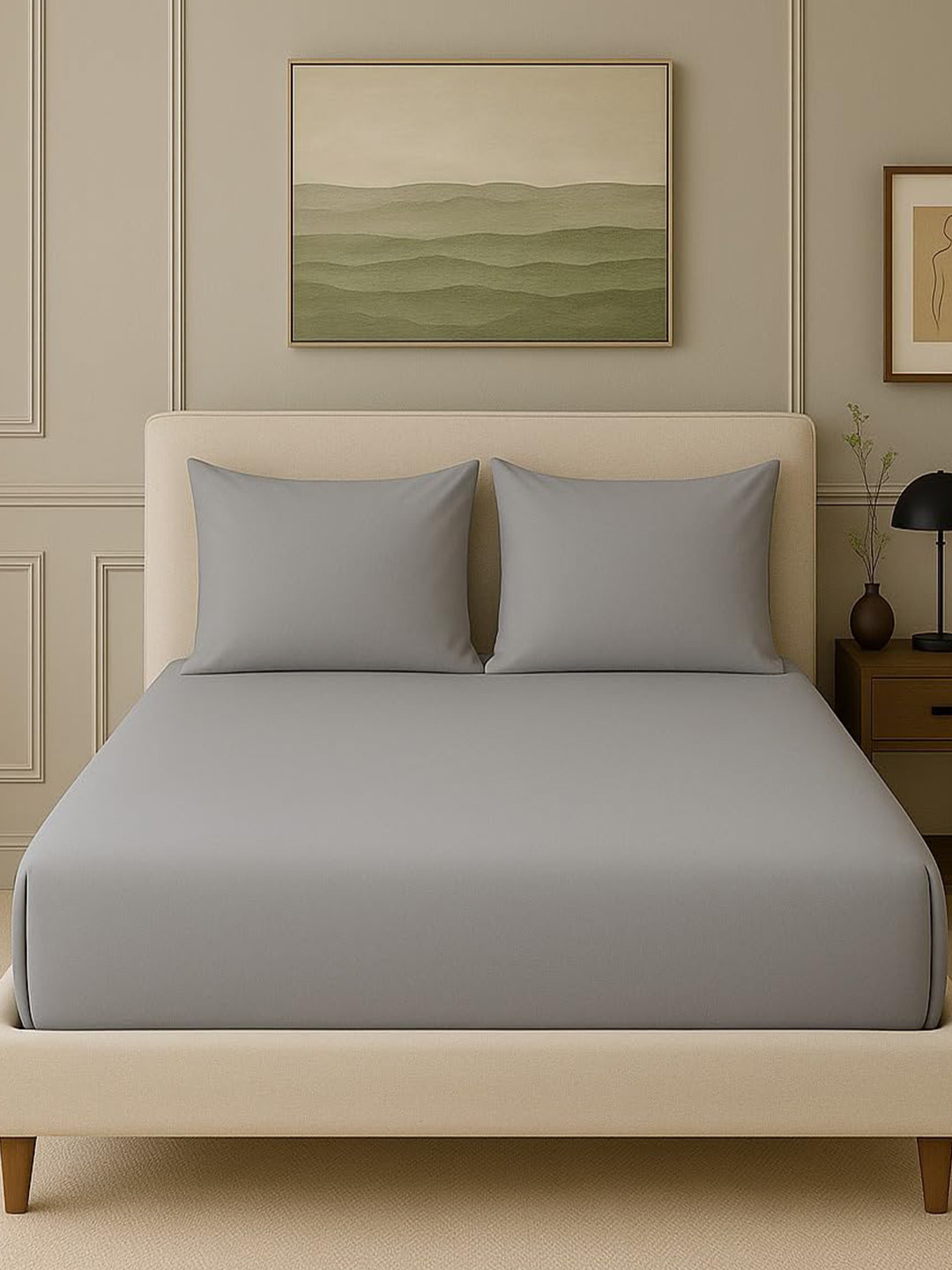 Trance Home Linen Grey Solid Cotton 300 TC Fitted Single Fine Bedsheet with 2 Pillow Covers-198 x 107 cm