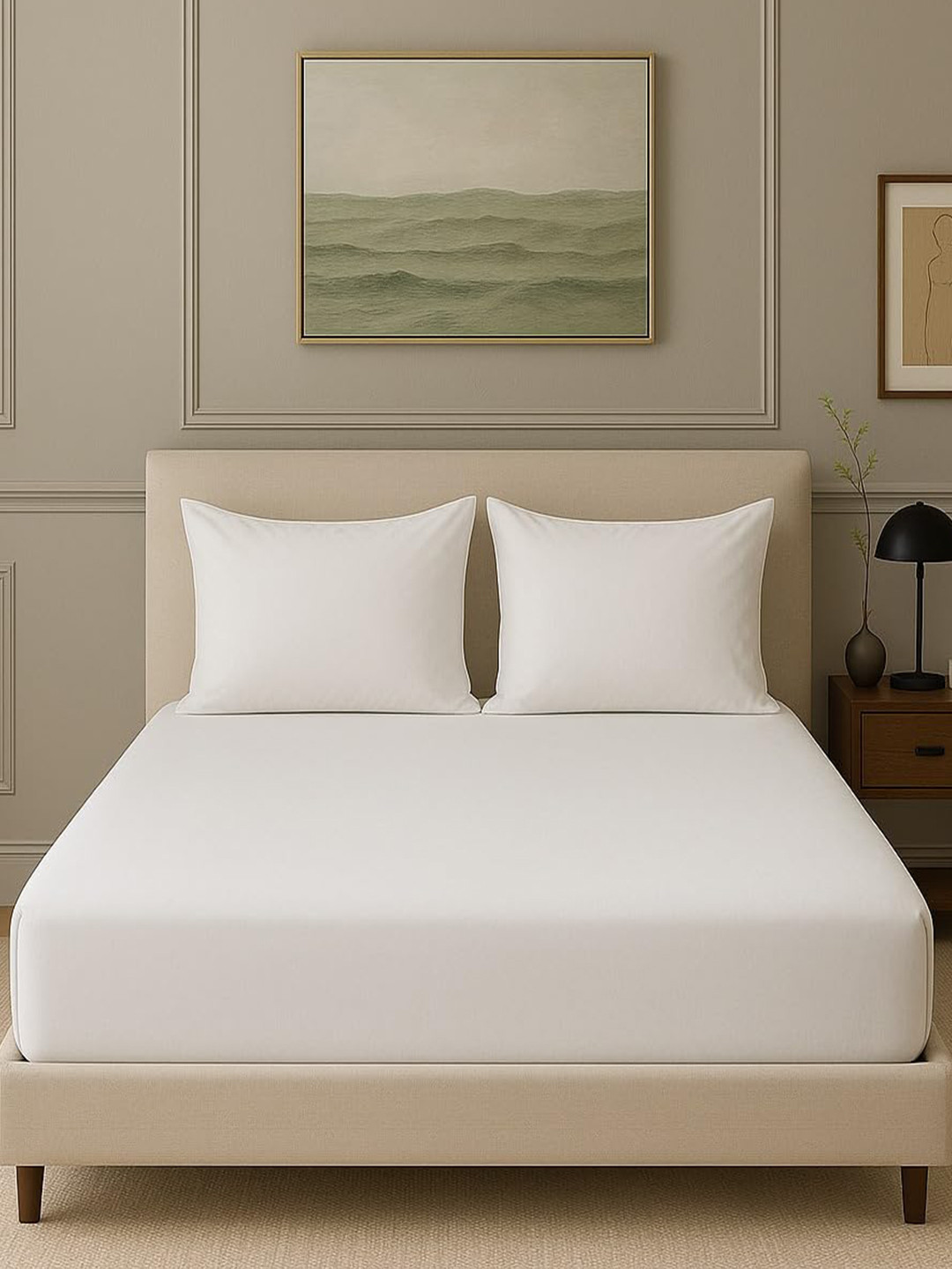 Trance Home Linen White Solid Bamboo 300 TC Fitted Single Fine Bedsheet with 2 Pillow Covers-191 x 1.22 cm