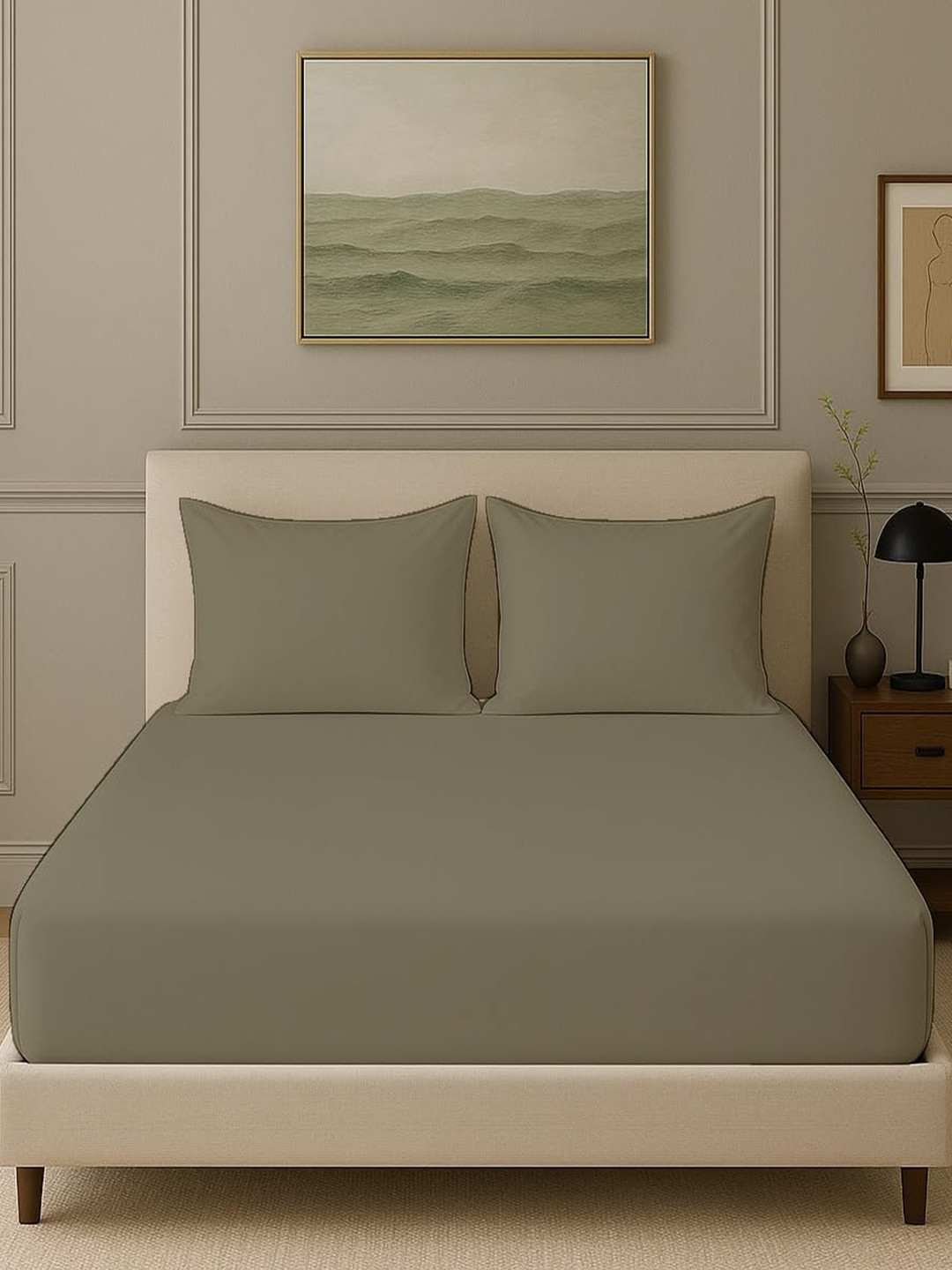 Trance Home Linen Brown Solid Cotton 300 TC Fitted Single Fine Bedsheet with 2 Pillow Covers-122 x 122 cm