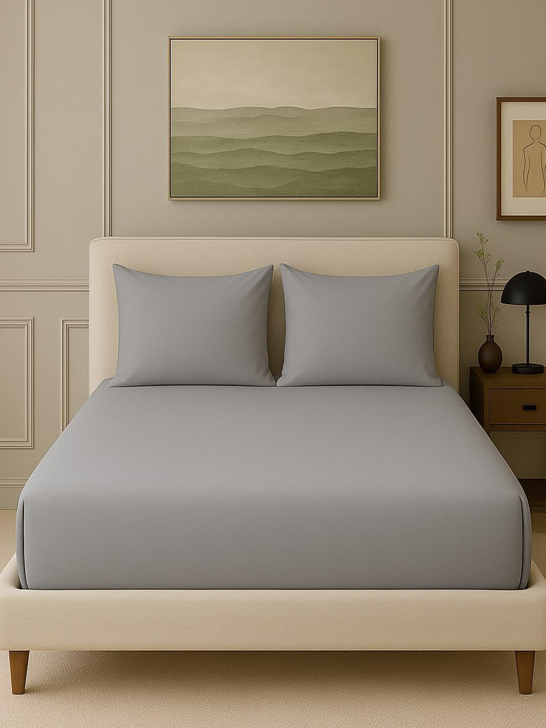 Trance Home Linen Crown Grey Cotton 300 TC Fitted King Fine Bedsheet with 2 Pillow Covers-84 x 72 inches