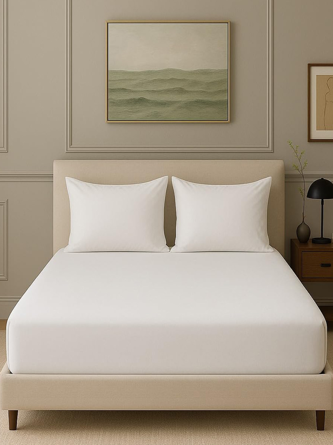 Trance Home Linen White Solid Cotton 300 TC Fitted Single Fine Bedsheet with 2 Pillow Covers-198 x 122 cm