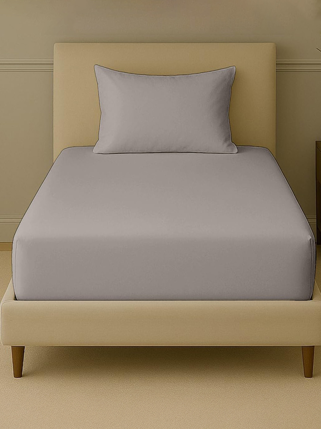 Trance Home Linen Grey Cotton 300 TC Fitted Double Fine Bedsheet with a Pillow Cover-76 x 36 inches