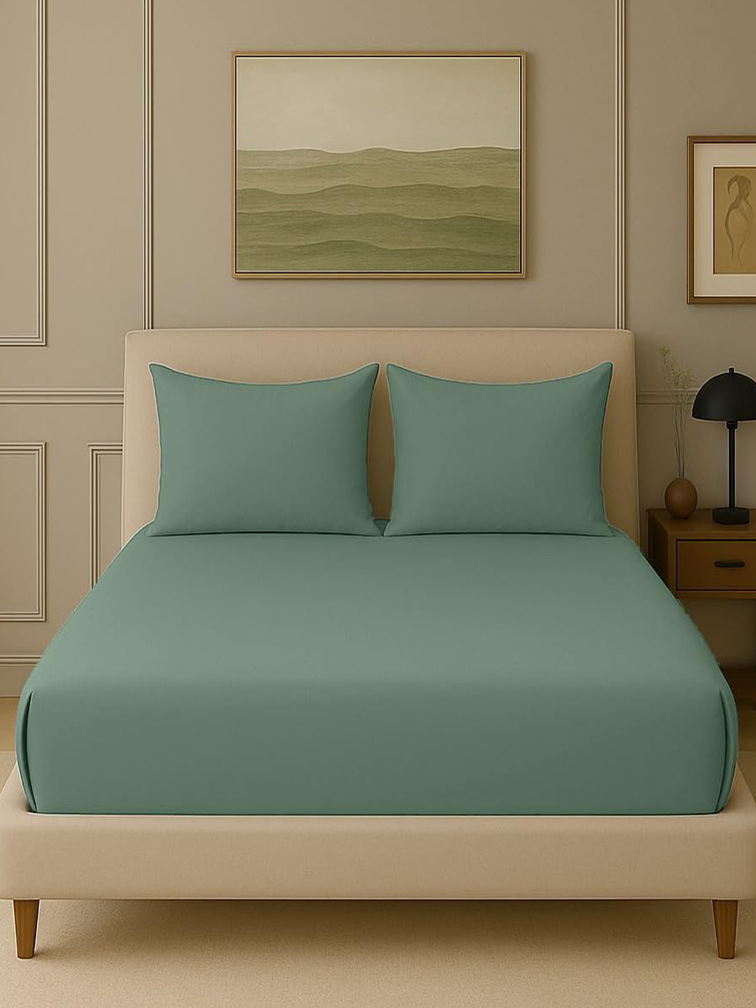Trance Home Linen Green Cotton 300 TC Fitted Single Fine Bedsheet with 2 Pillow Covers-76 x 36 inches