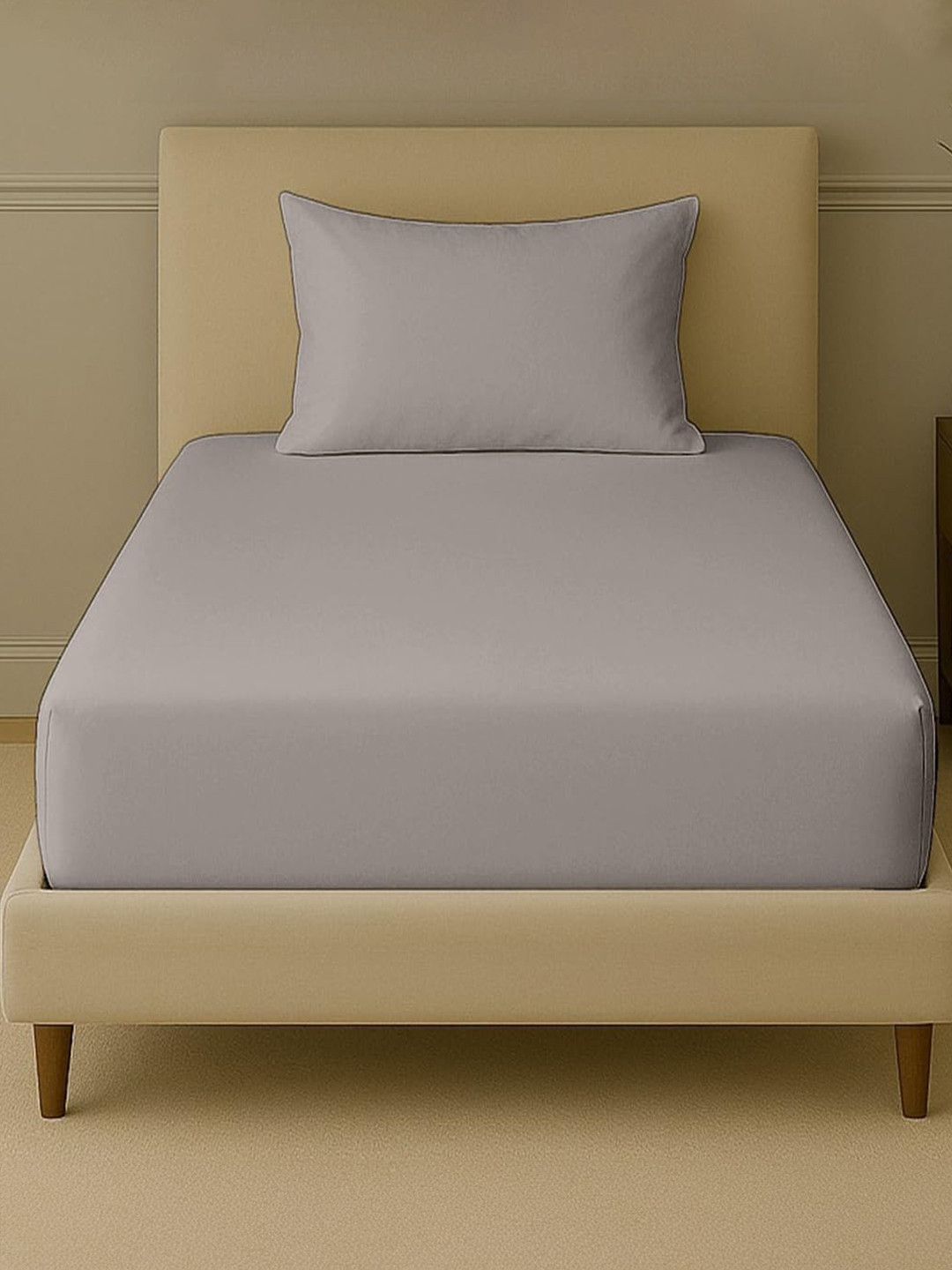 Trance Home Linen Grey Bamboo 300 TC Fitted Double Fine Bedsheet with a Pillow Cover-75 x 36 inches