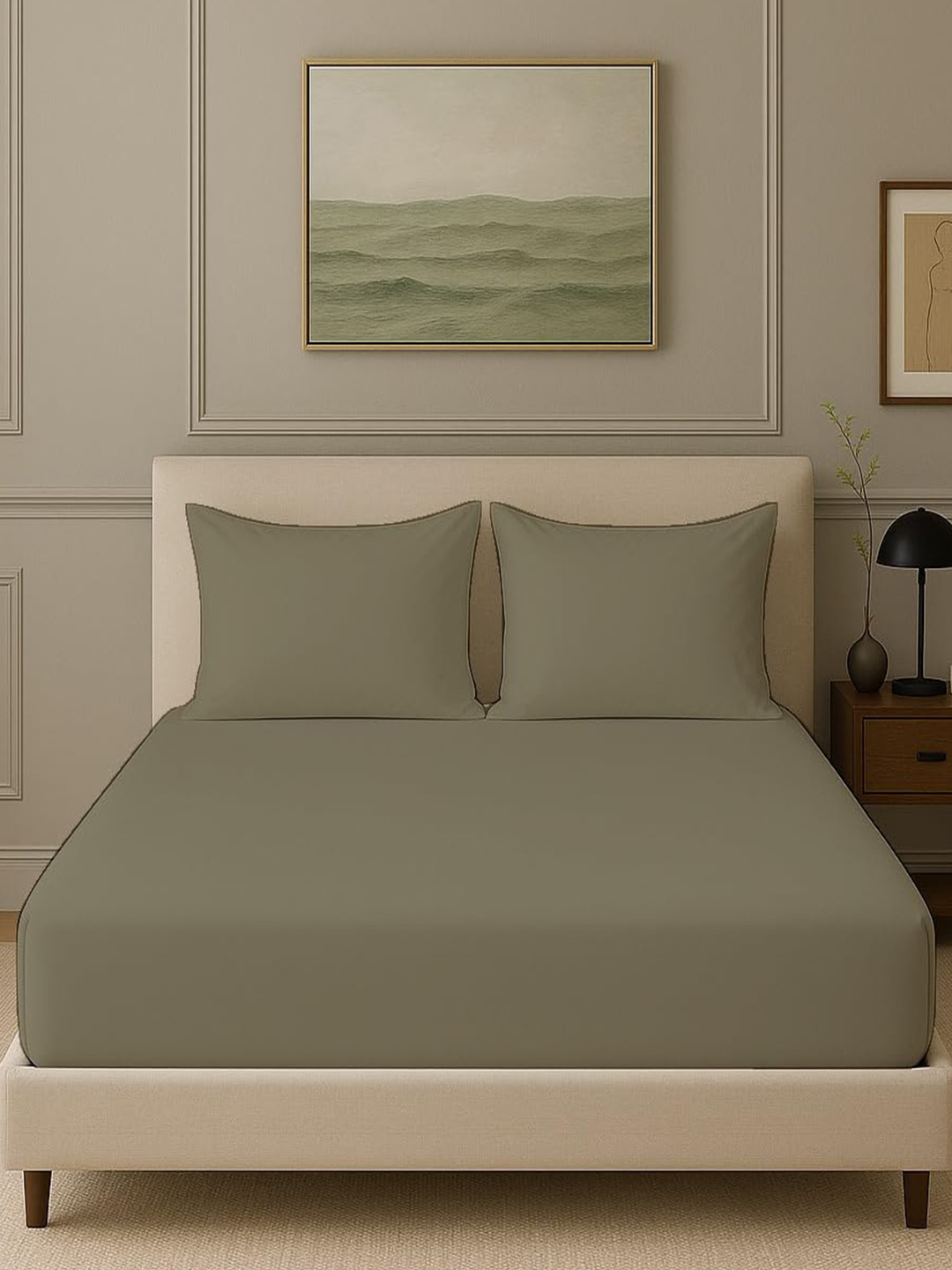 Trance Home Linen Brown Cotton 300 TC Fitted Double Fine Bedsheet with 2 Pillow Covers-78 x 42 inches