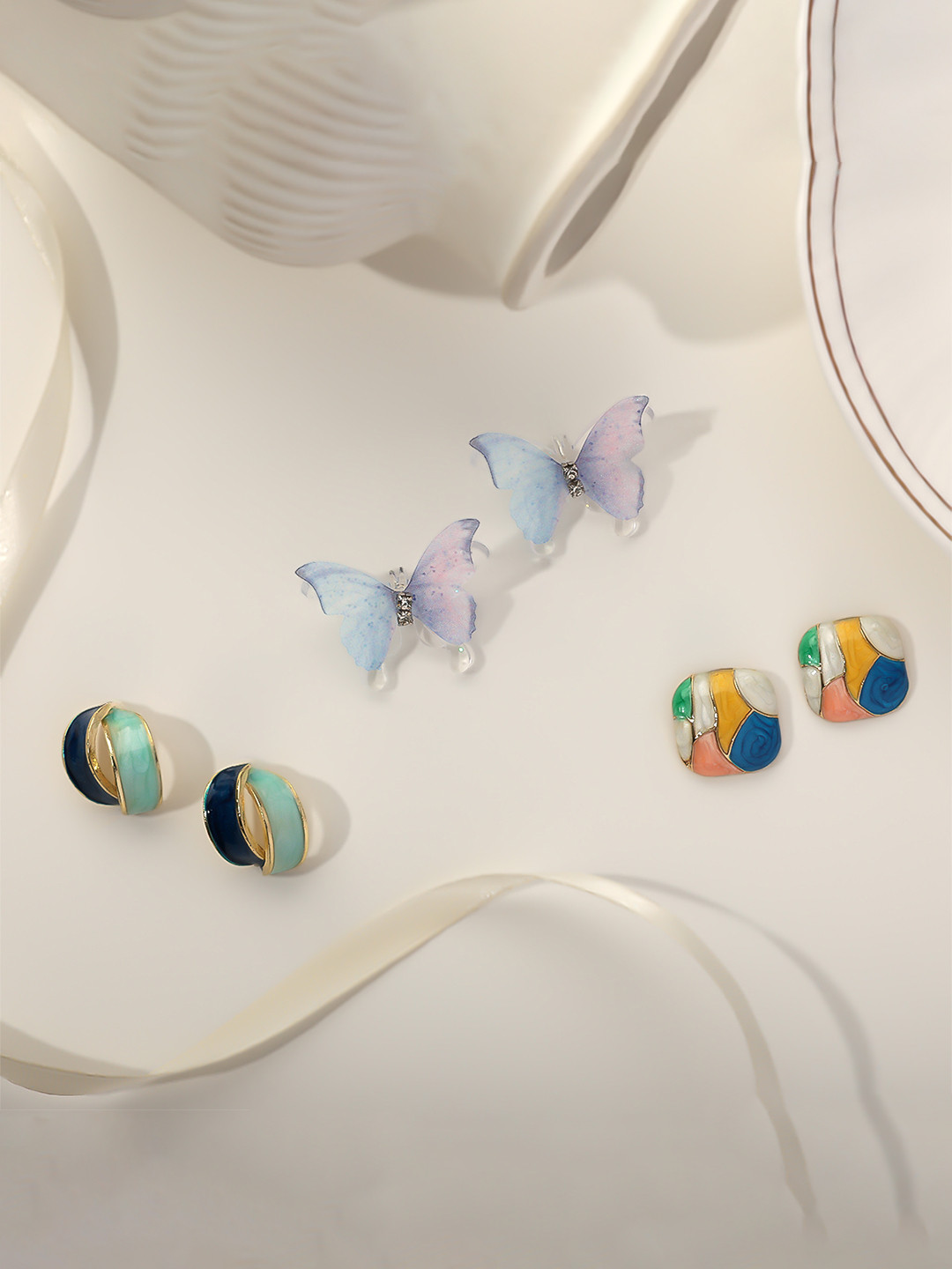 Estailo fashion Set Of 3 Sterling Silver-Plated Artificial Stones Studded Animal Studs