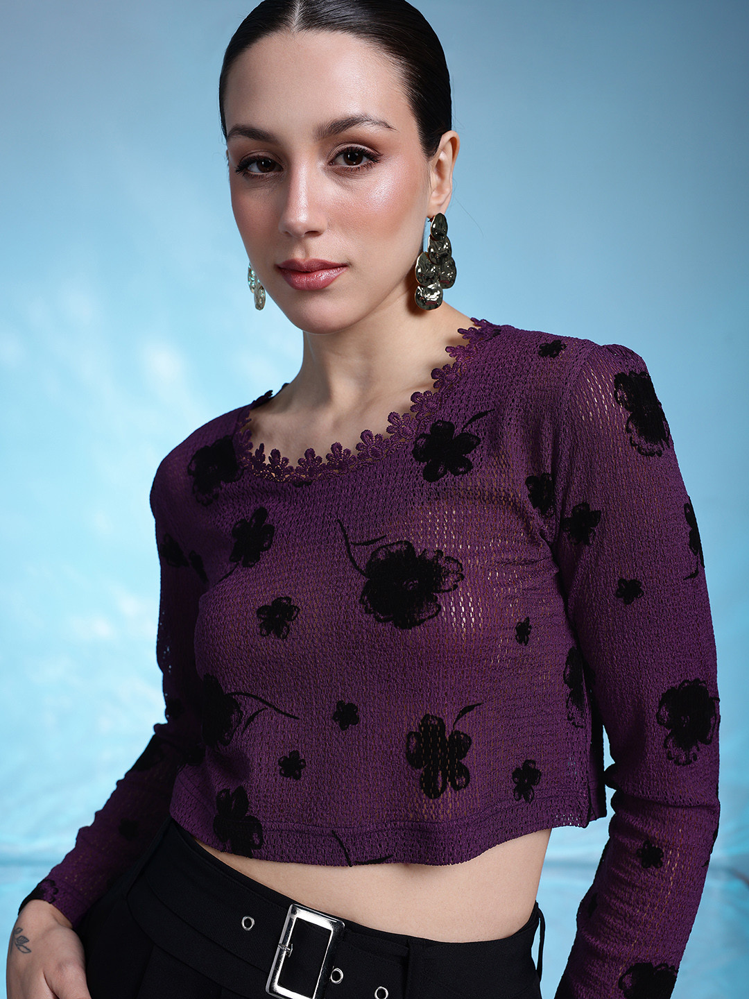 bebe Floral Print Ruffles Lace Crop Top