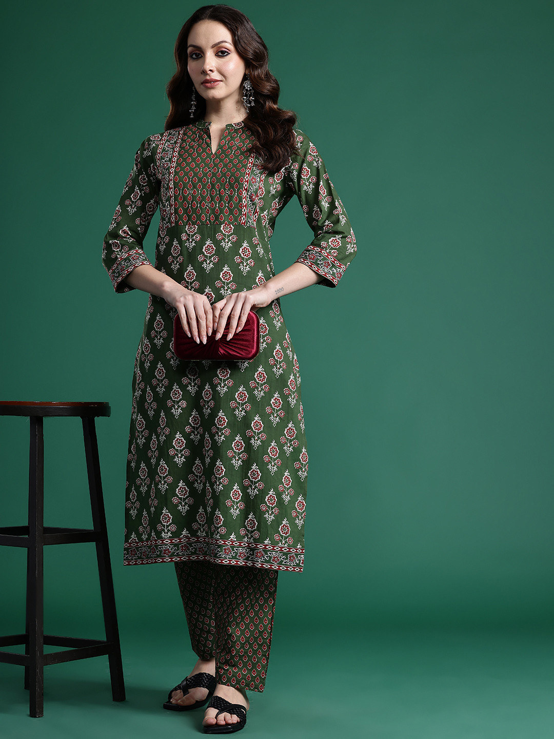 Indo Era Ethnic Motifs Printed Pure Cotton Kurta with Trousers