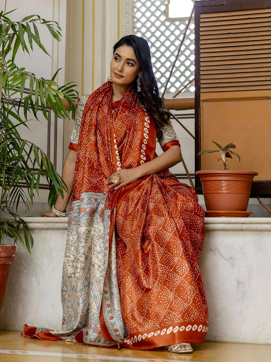 KALINI Bandhani Printed Cotton Blend Saree