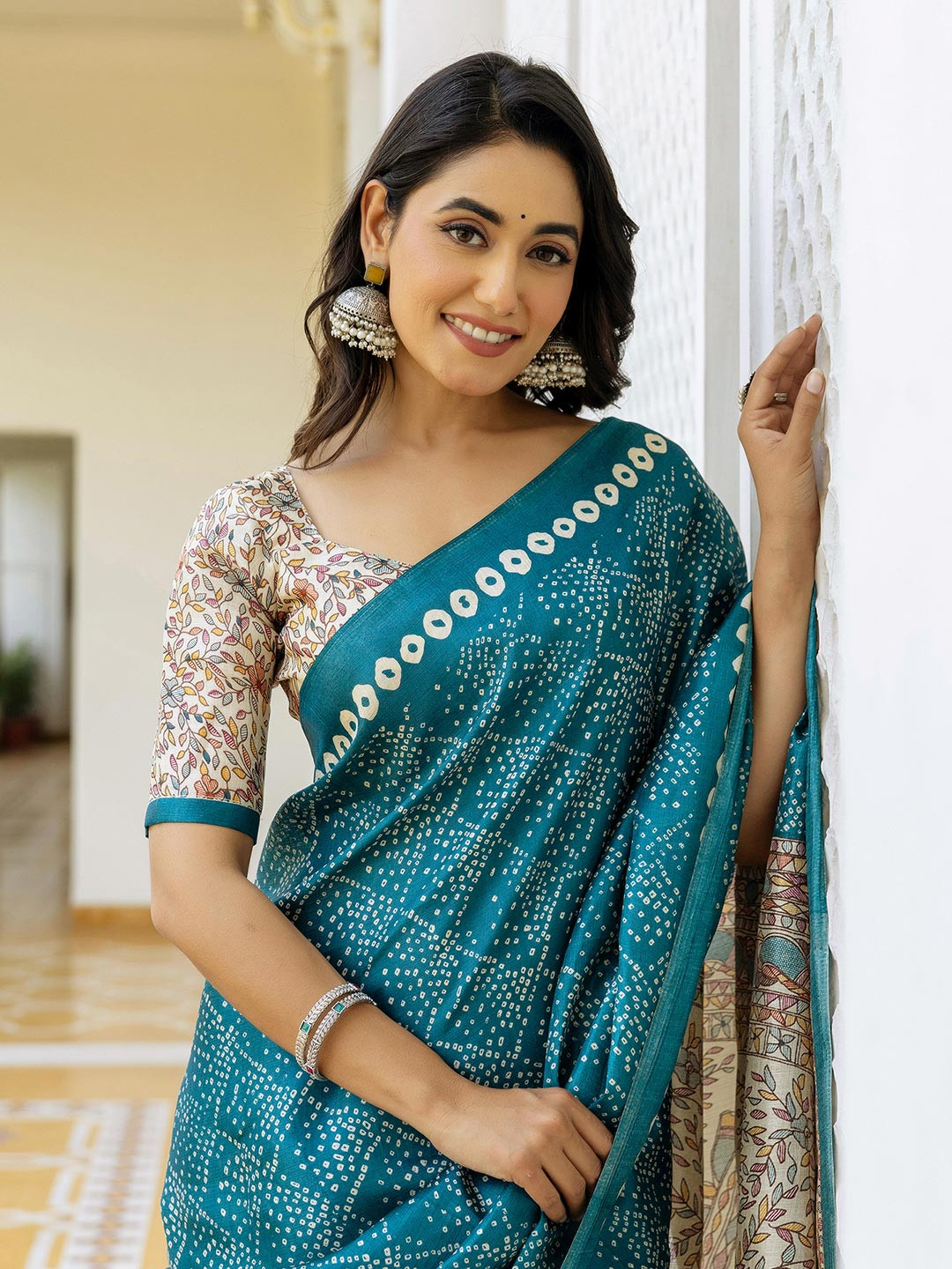 KALINI Women Bandhani Print Cotton Silk Saree