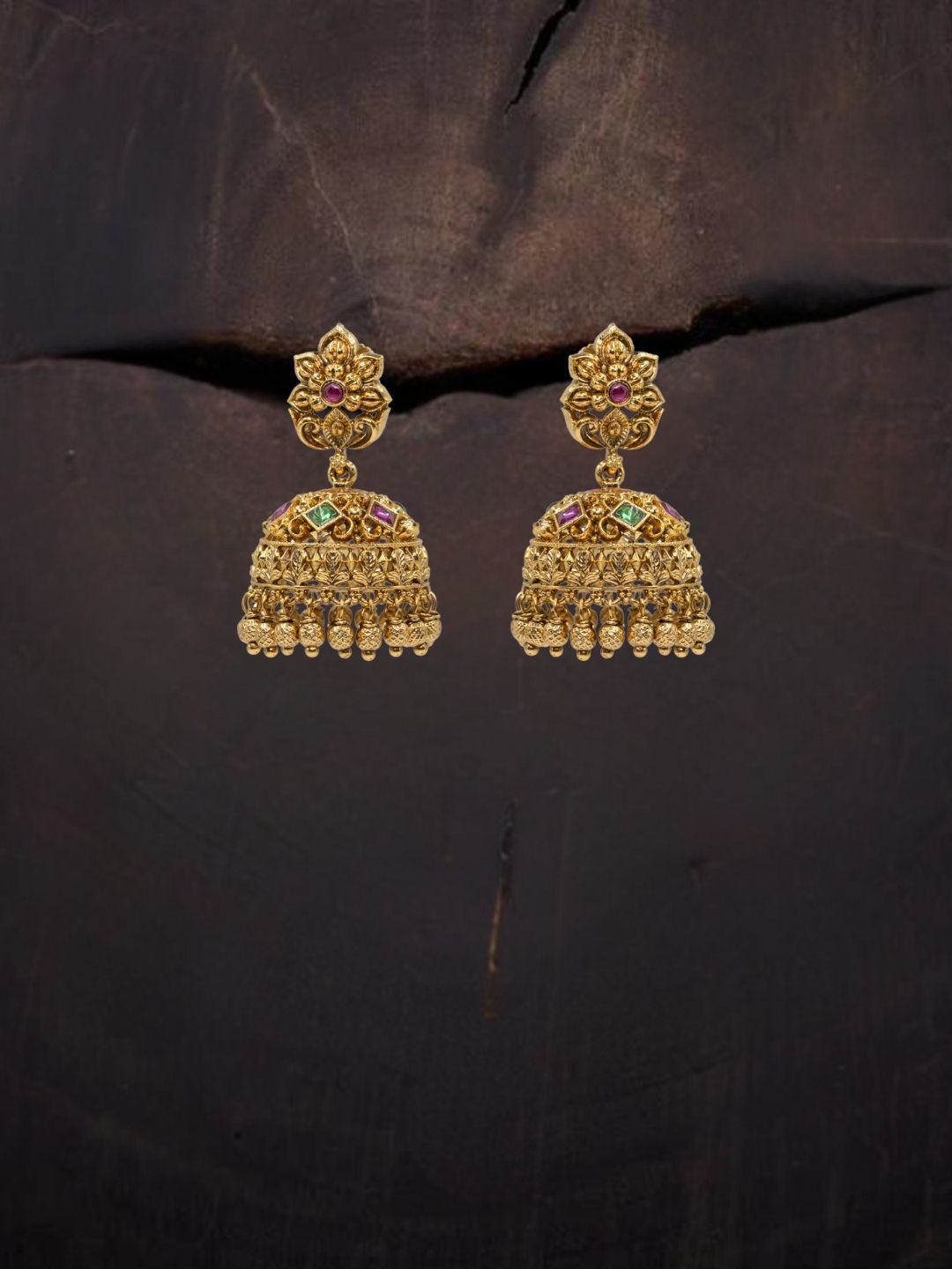 South Temple Jewellery Gold-Plated Artificial Stones & Beads Temple Contemporary Jhumkas