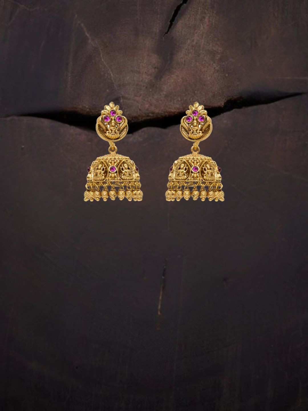 South Temple Jewellery Gold-Plated Artificial Stones And Beaded Dome Shaped Jhumkas