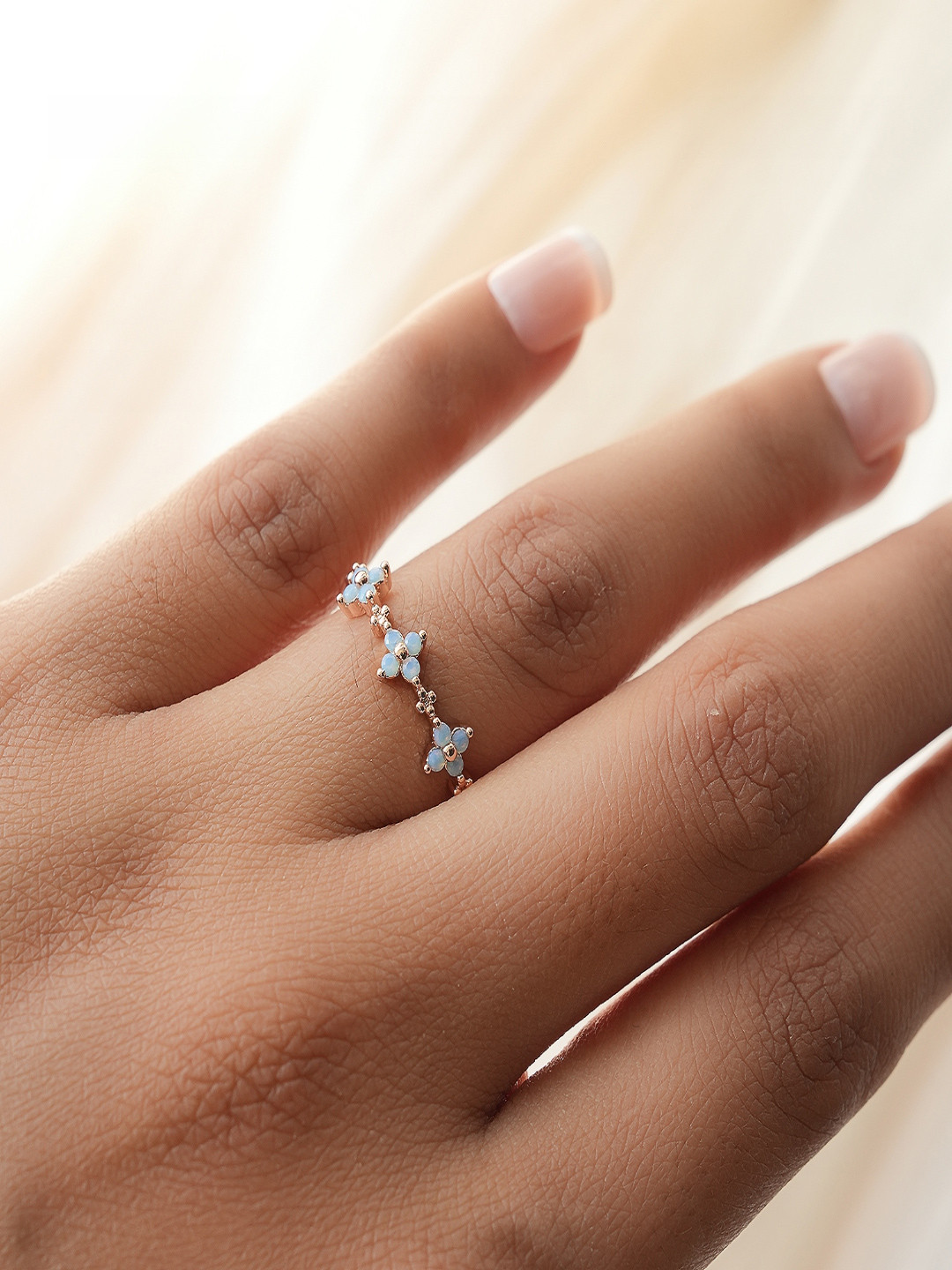 AQUASTREET 18K Rose Gold Plated Waterproof, Anti-Tarnish Blue Zircon Floral Ring