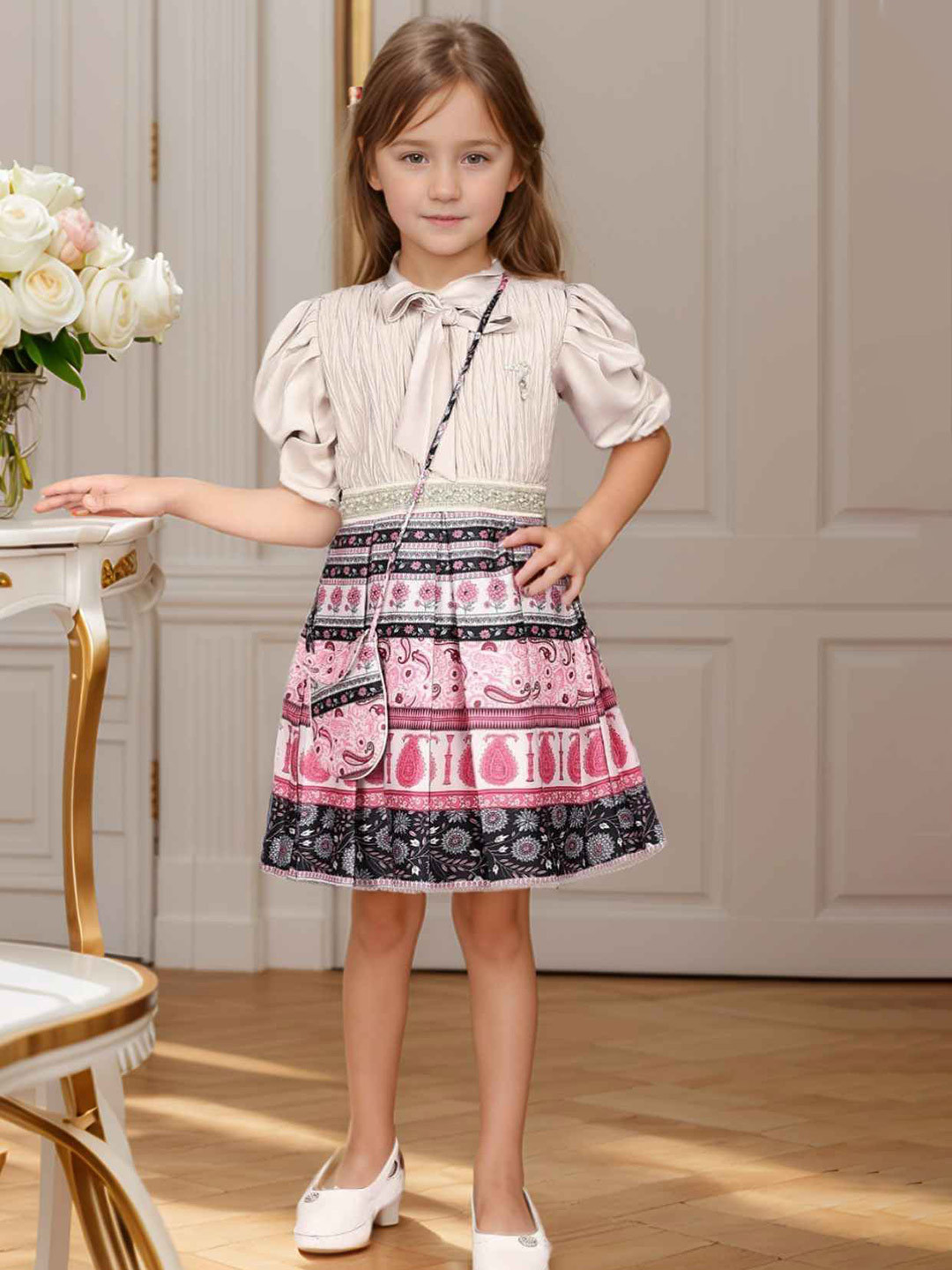 Lagorii Girls Stylish Printed Frock With Sling Bag