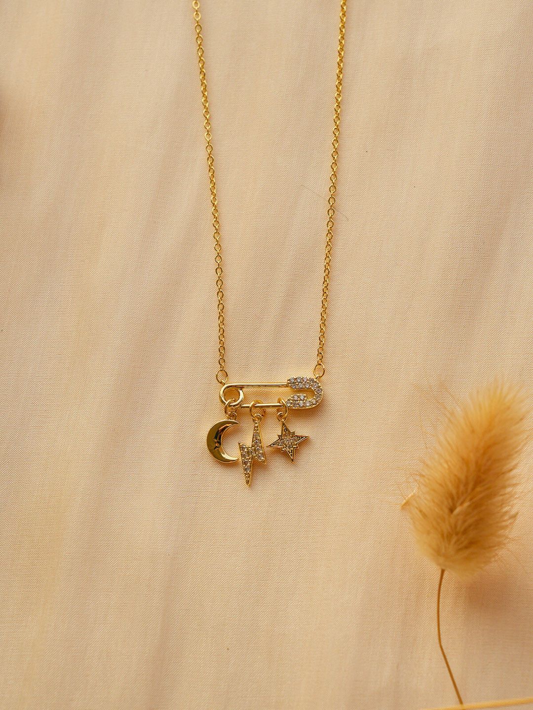 AQUASTREET 18K Gold Plated Waterproof, Anti-Tarnish Star, Moon Pin Drops Pendant Necklace