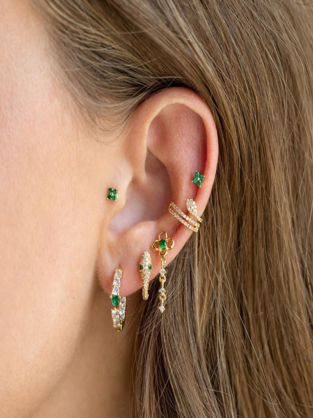 AQUASTREET Set of 6 18K Plated Anti-Tarnish Green Snake Earring Set for Single Ear